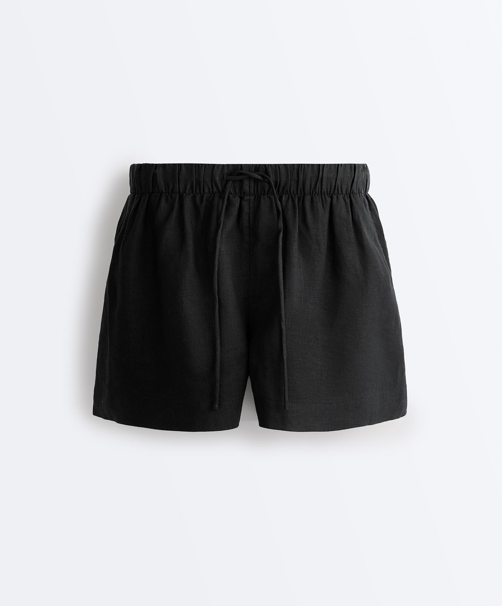 100% linen mid-rise shorts — BLACK