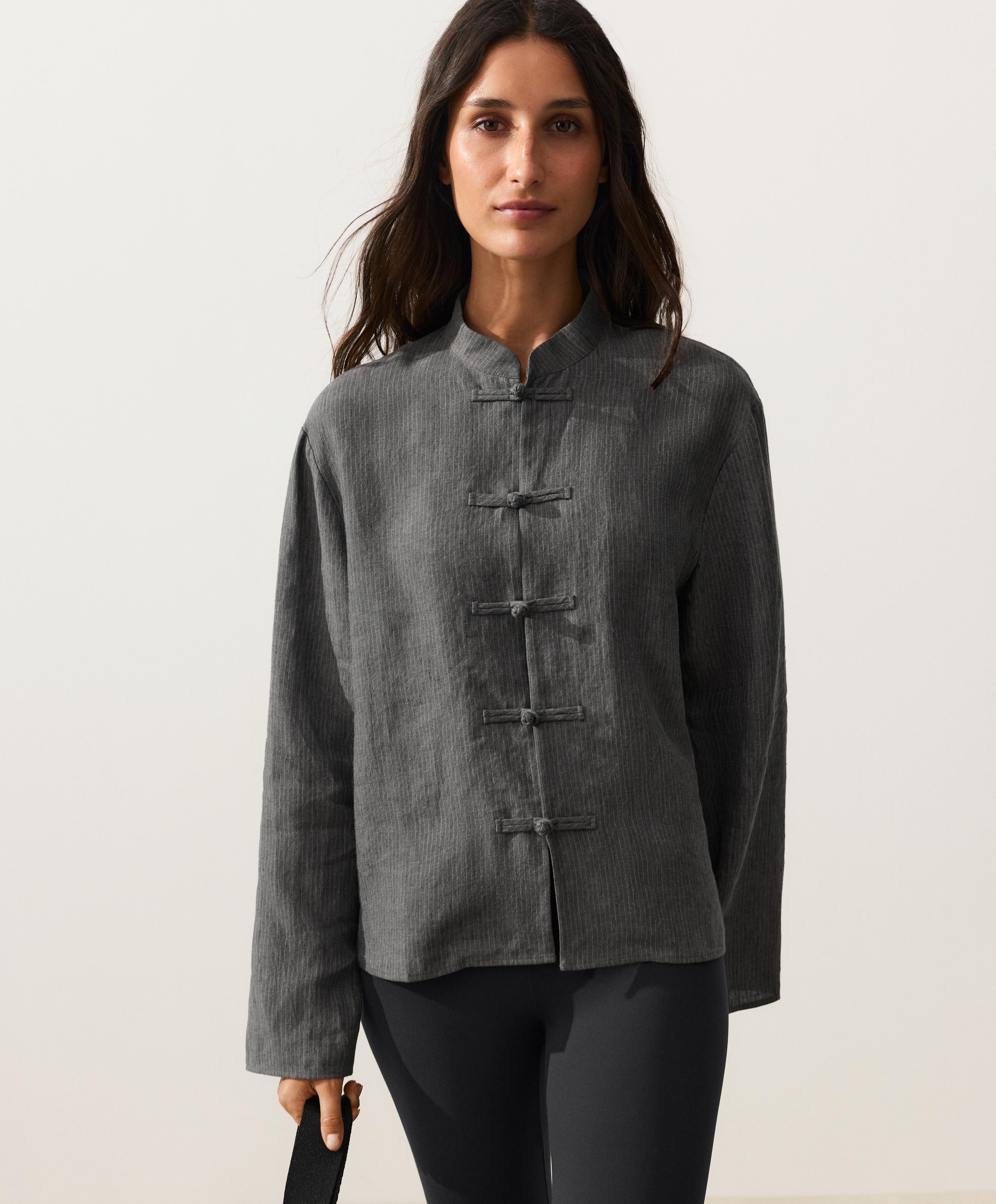 Striped 100% linen stand-up collar shirt — DARK ANTHRACITE
