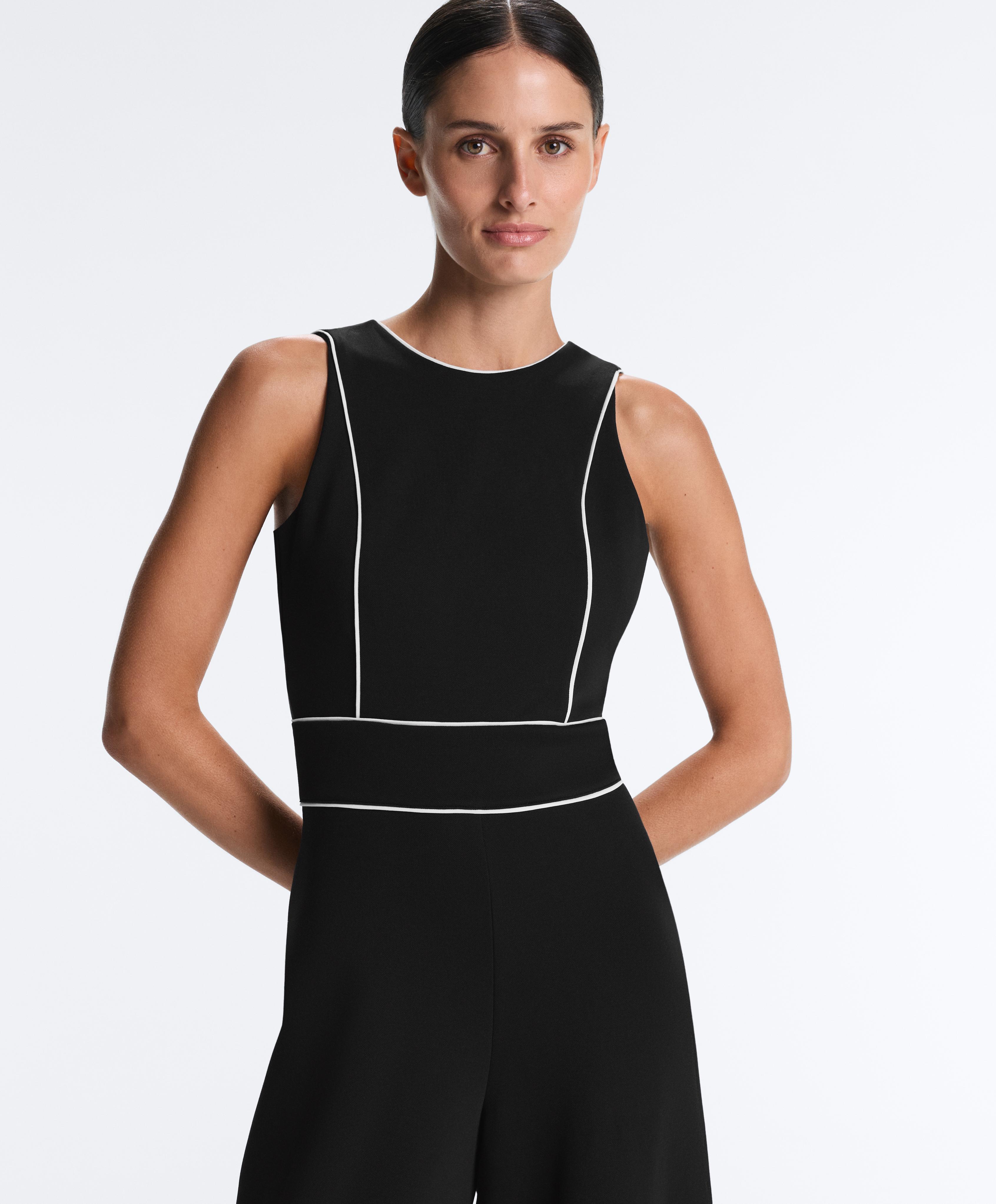 Long piping piqué jumpsuit with cotton — BLACK