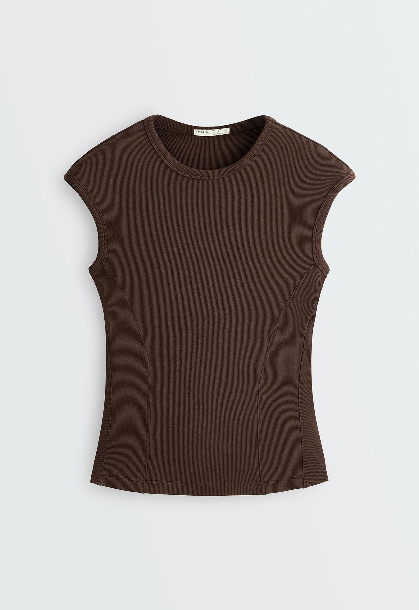 Short-sleeved rib top with cotton and modal — DARK BROWN