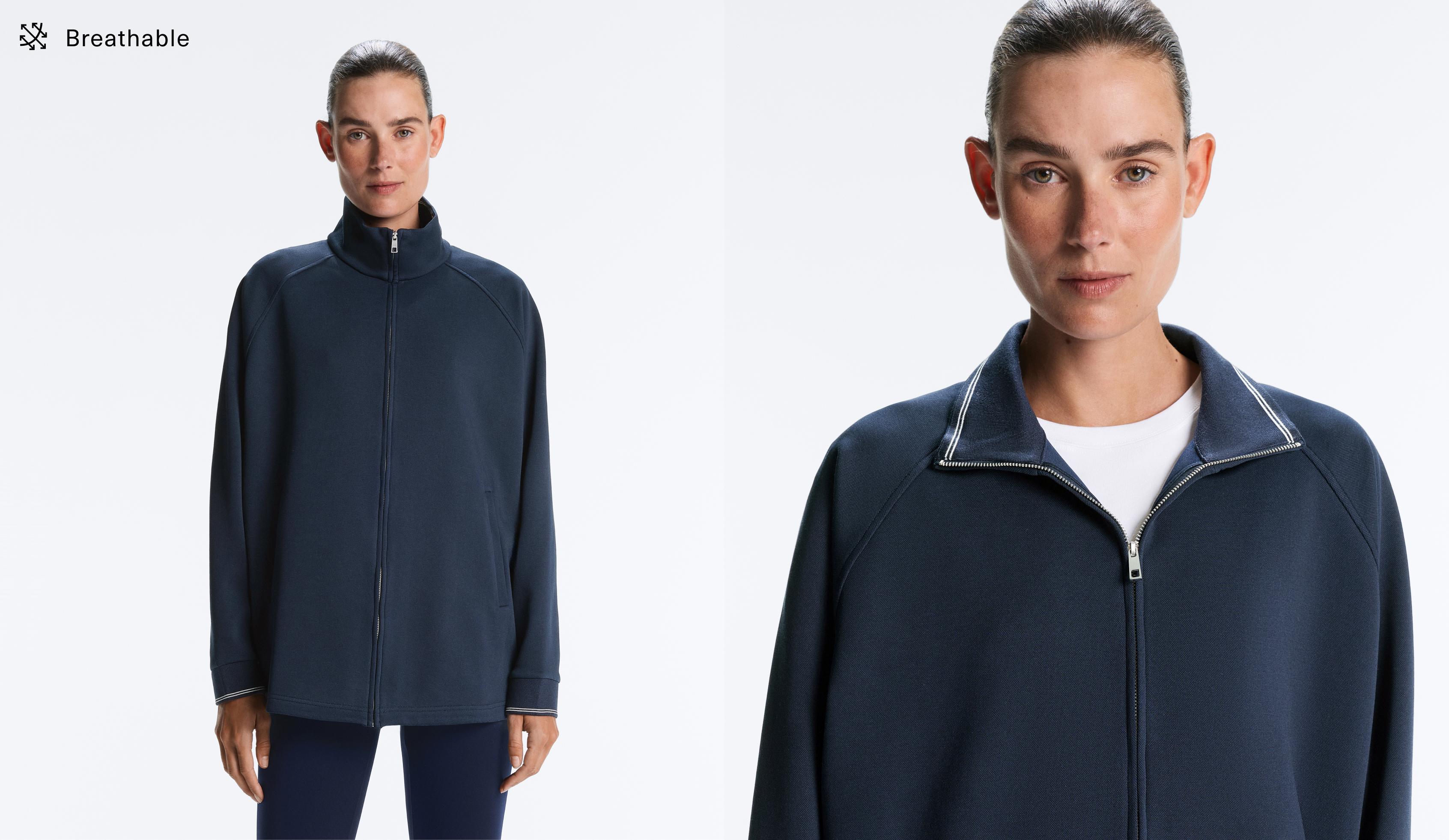 Long piqué jacket with contrast cotton piping