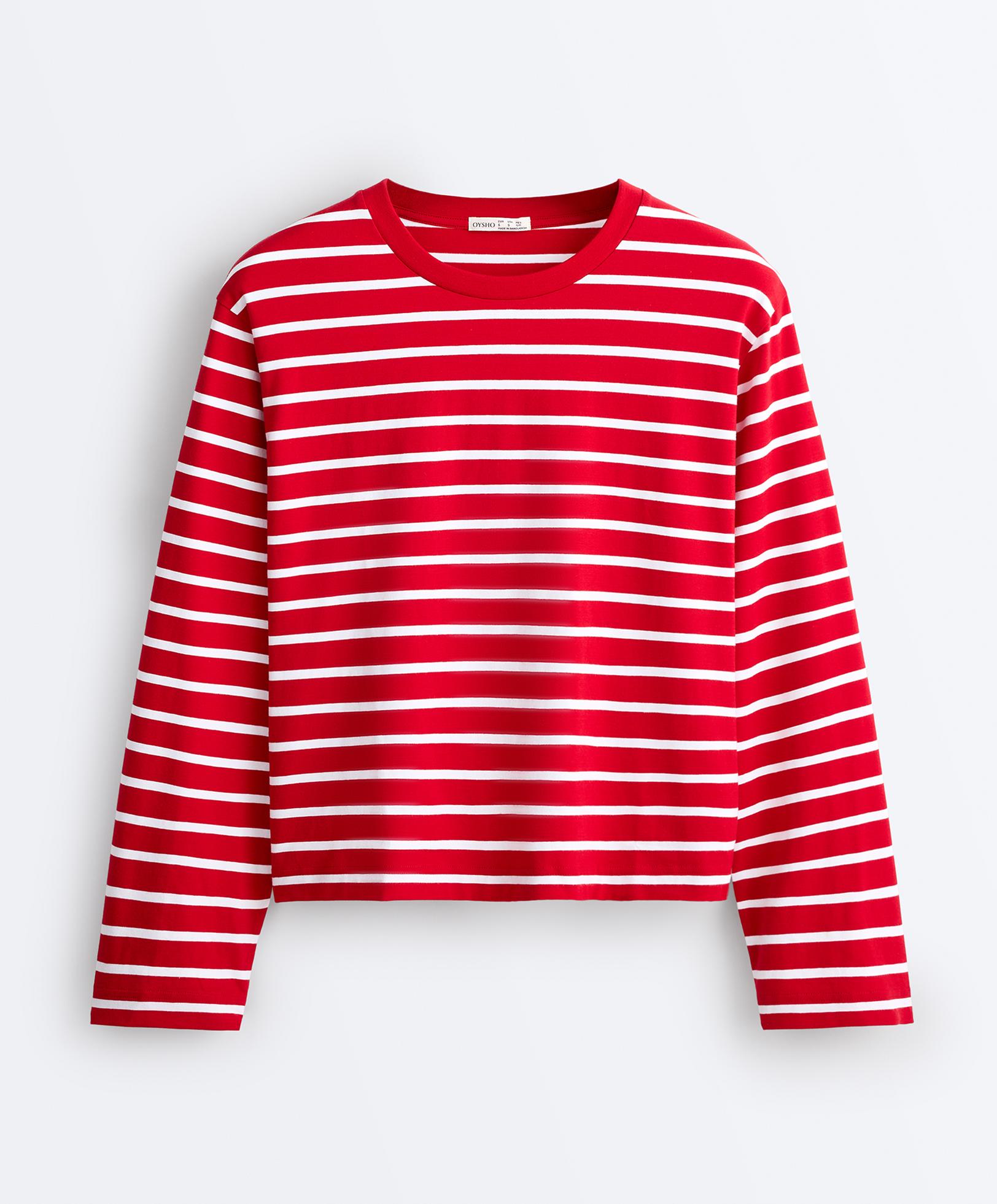 Boxy long-sleeved striped cotton-blend T-shirt — RED