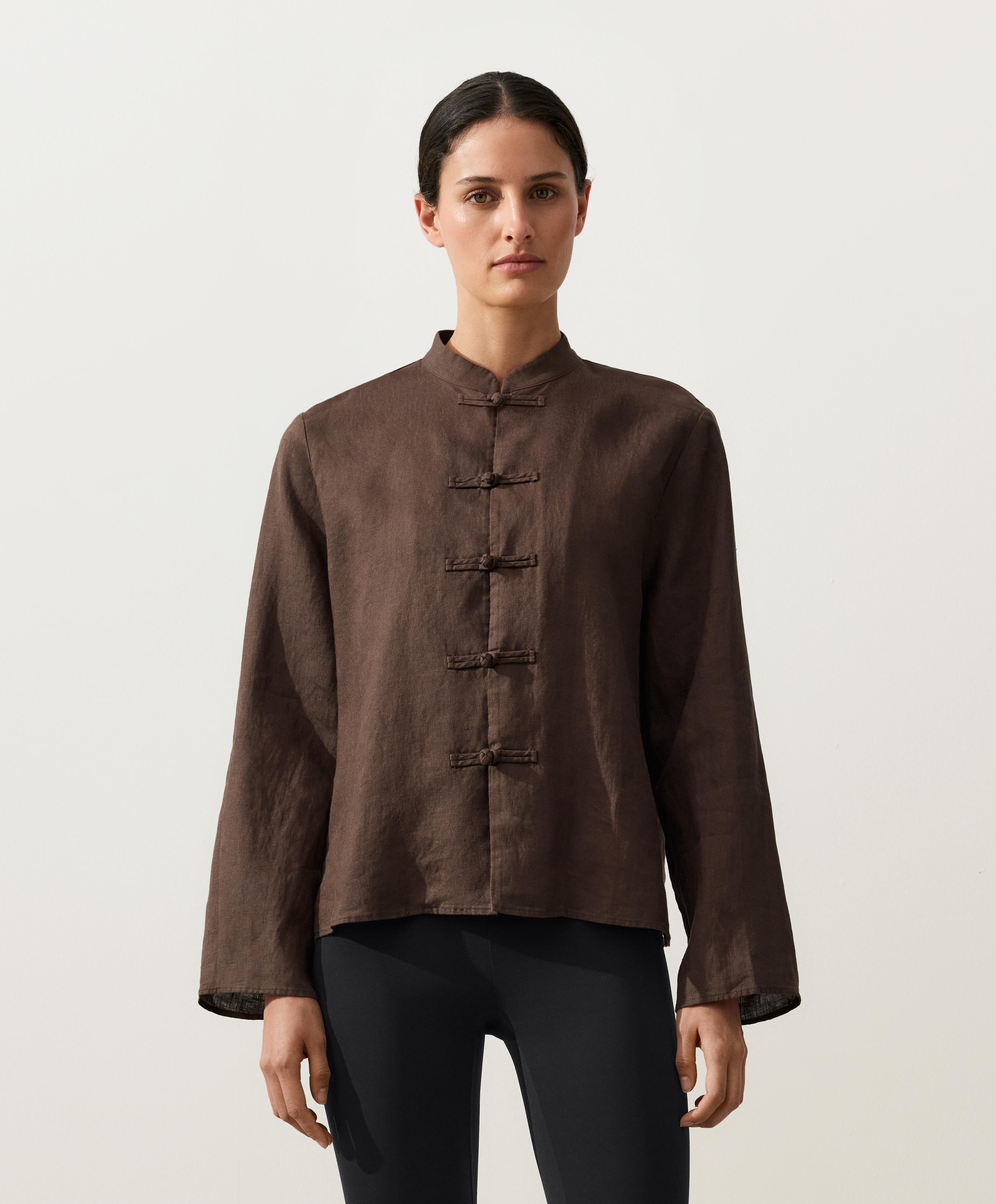 中山领纯亚麻纽扣衬衫