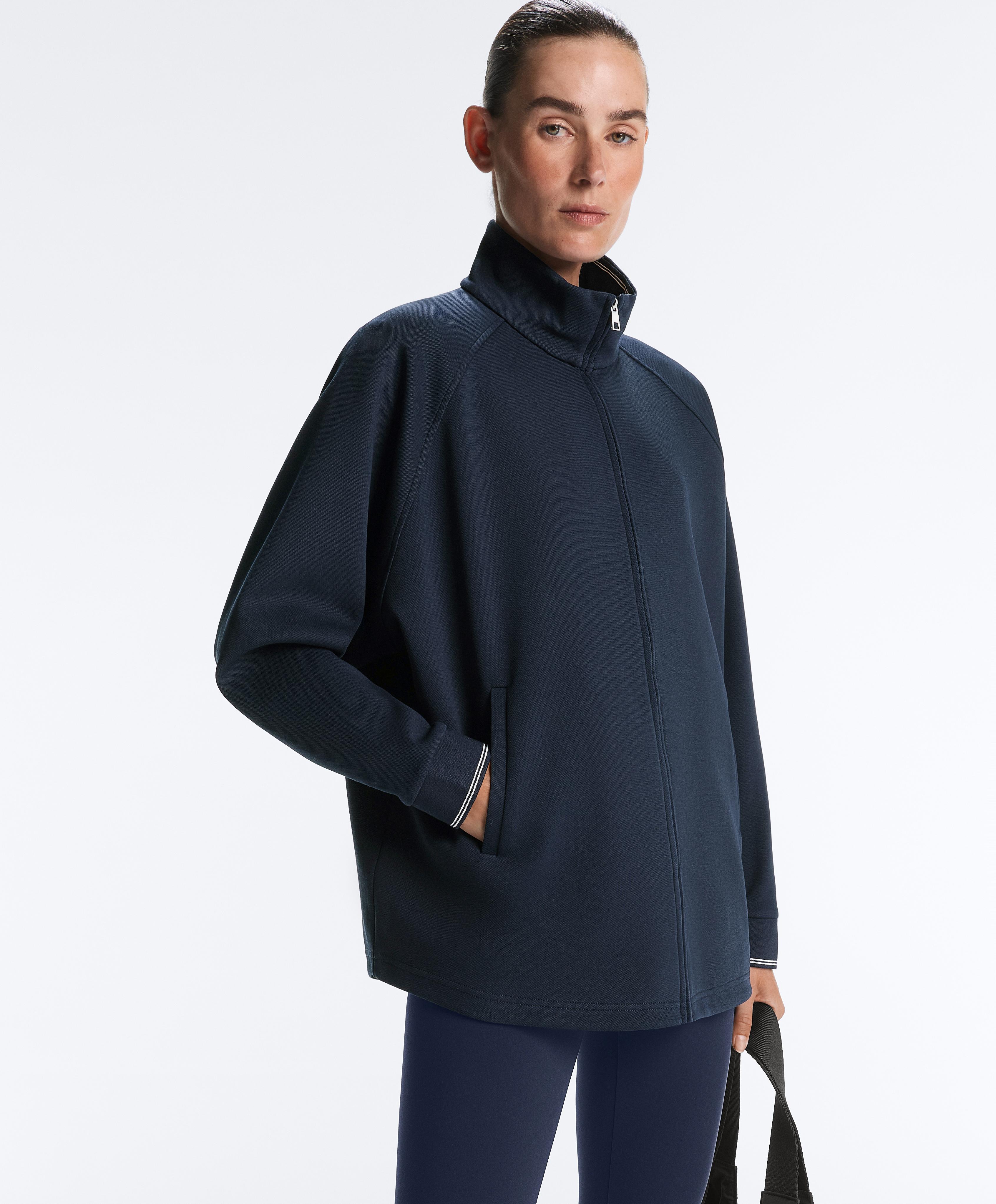 Long piqué jacket with contrast cotton piping — NAVY BLUE