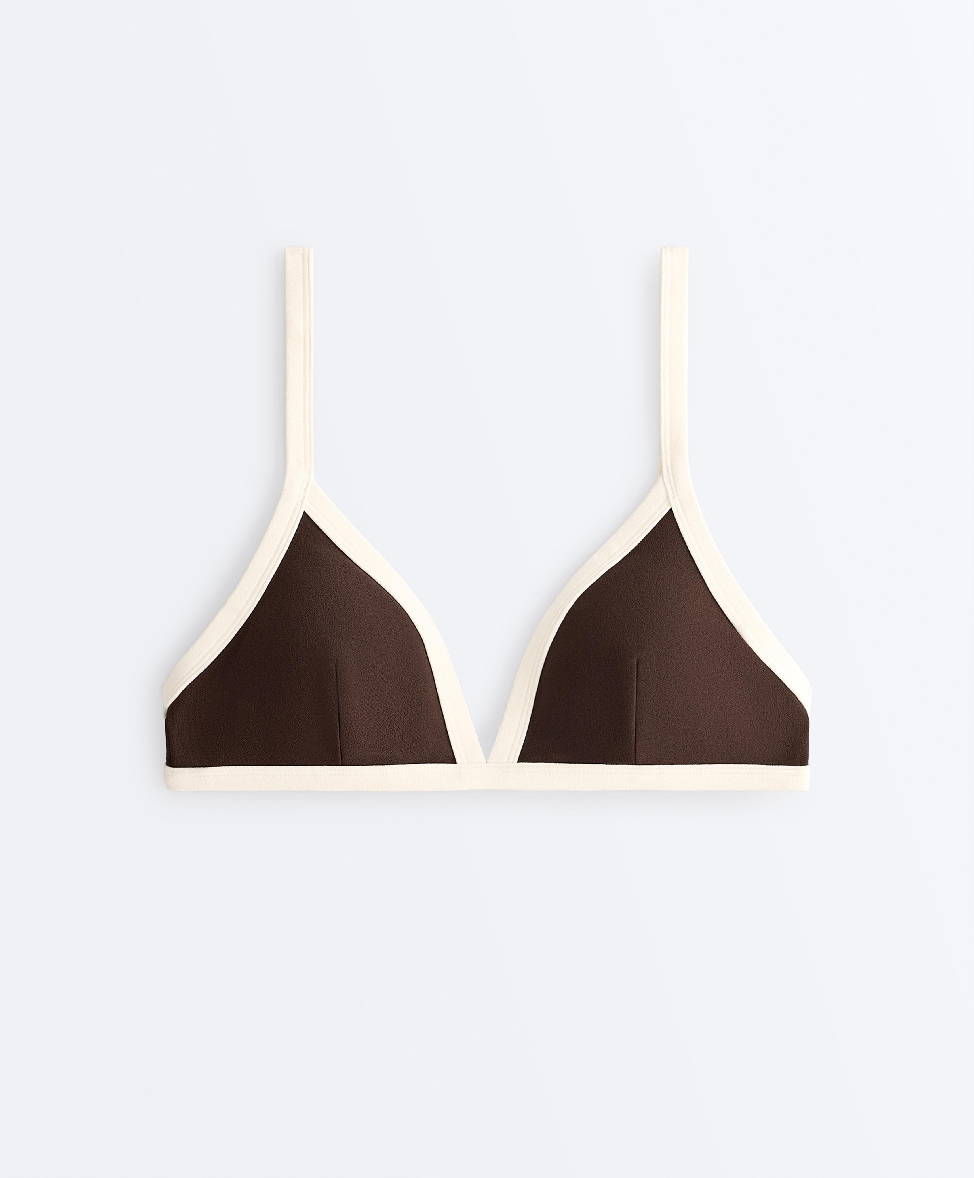 Contrast trim triangle bikini top — DARK BROWN