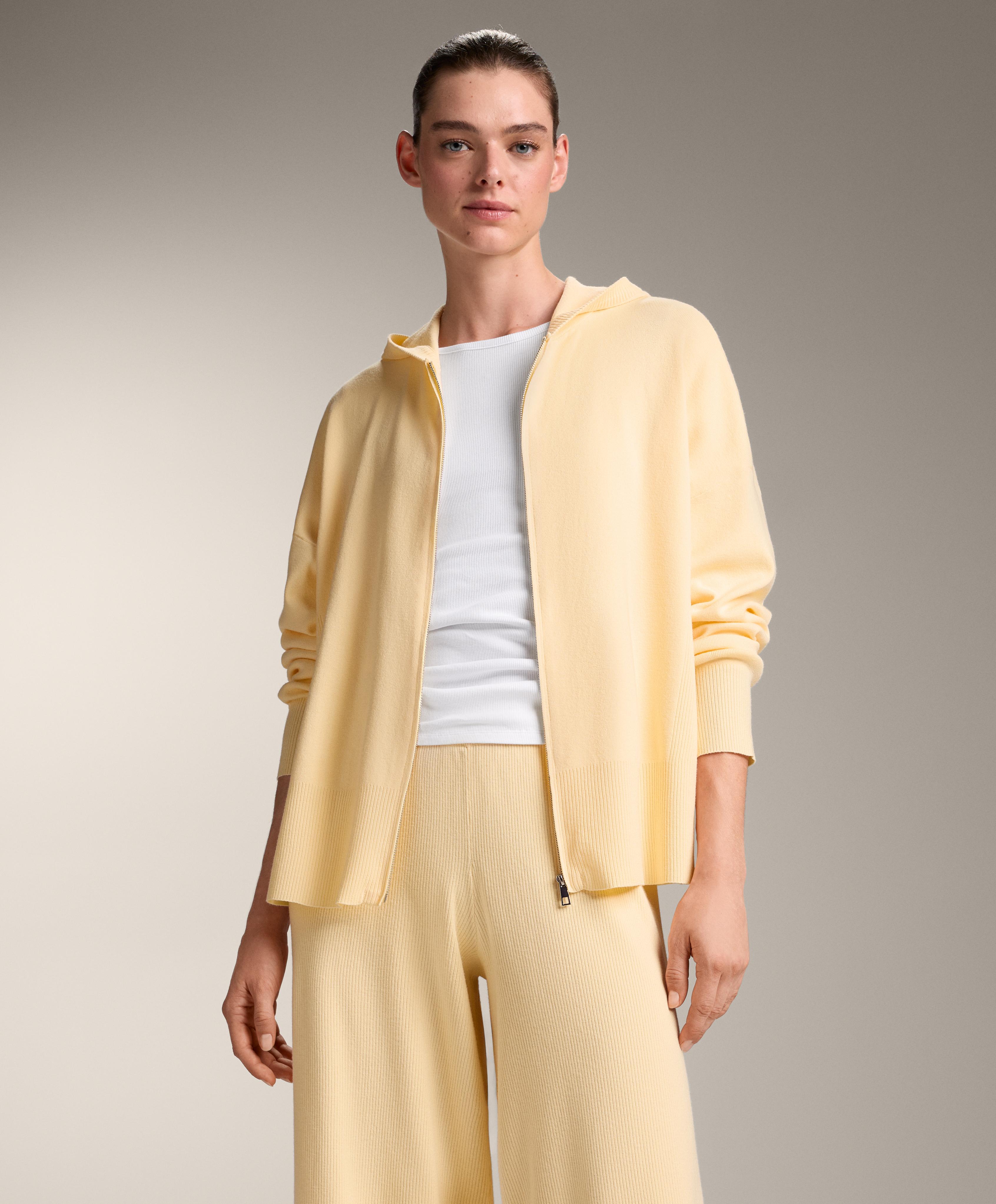 Knit long hooded jacket with rib detail