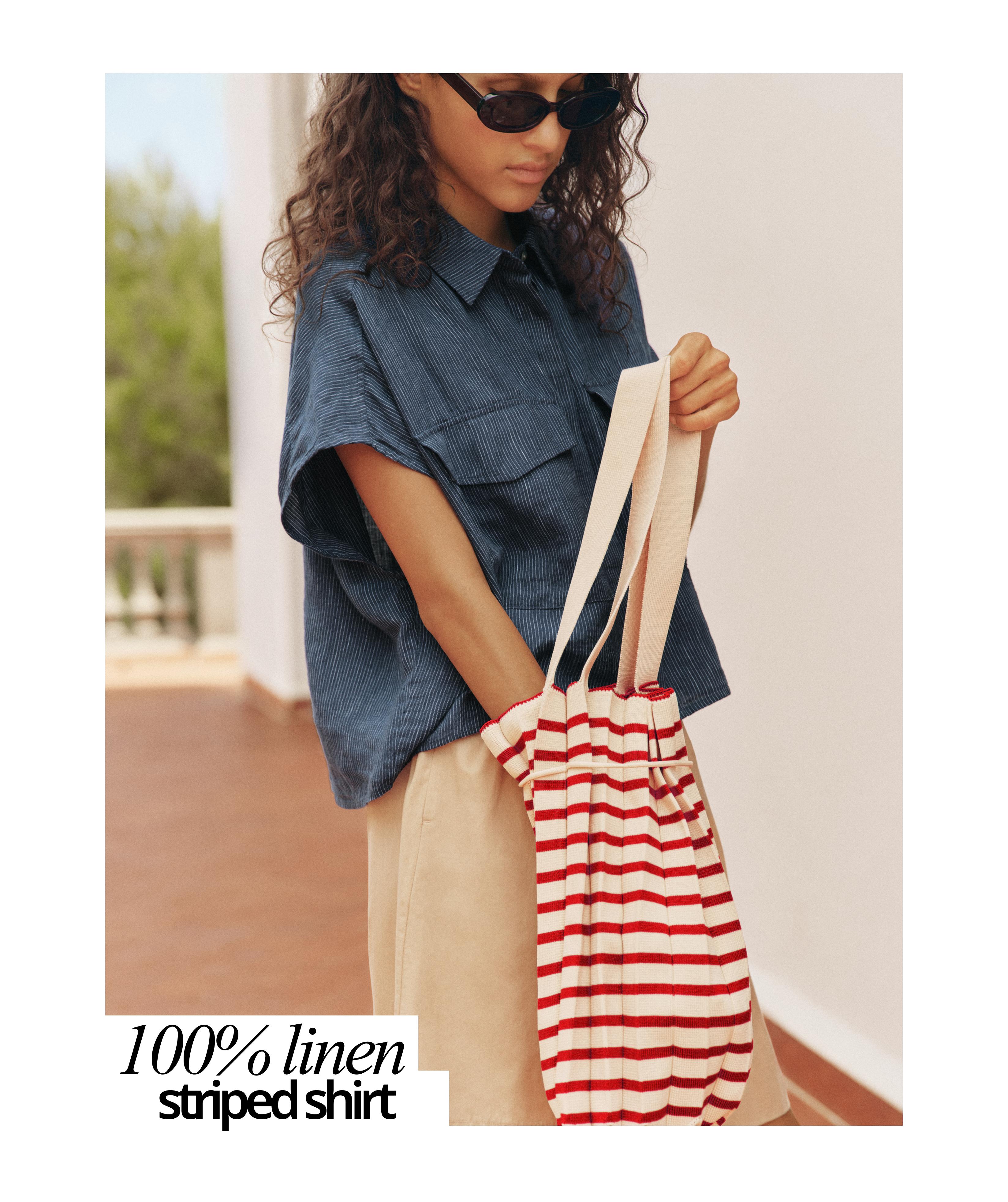 100% linen striped shirt with pockets — BLUE MELANGE