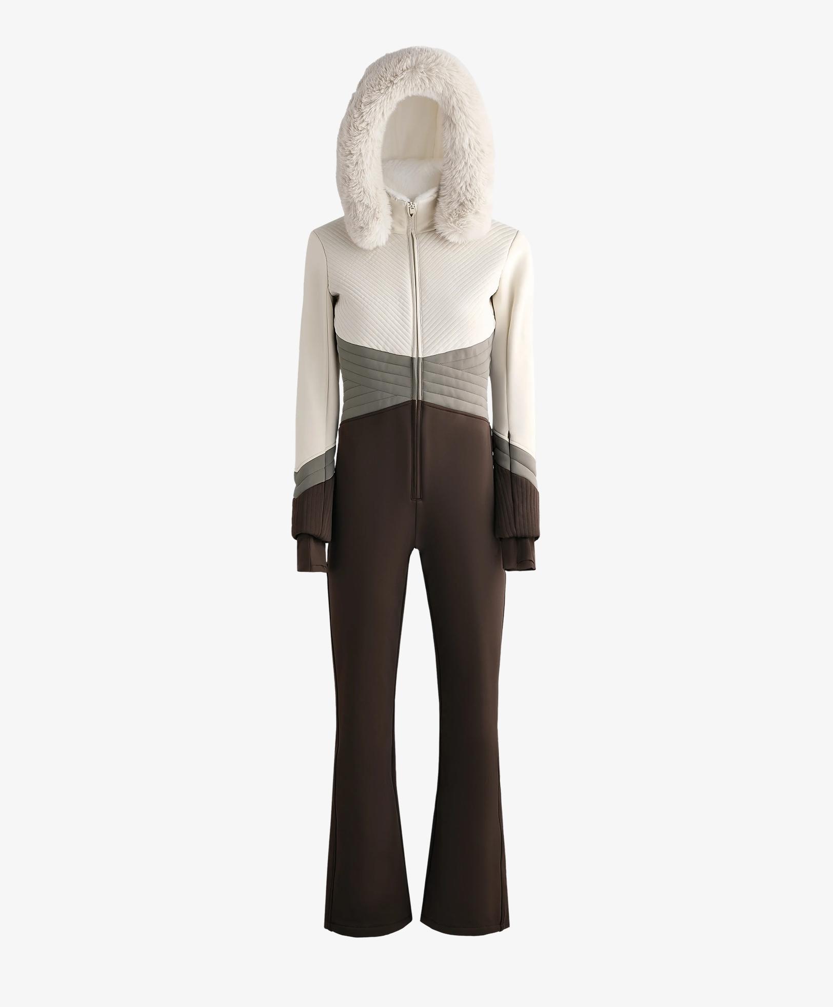 Water-resistant colour-block fitted stretch SKI jumpsuit — PALE MINK
