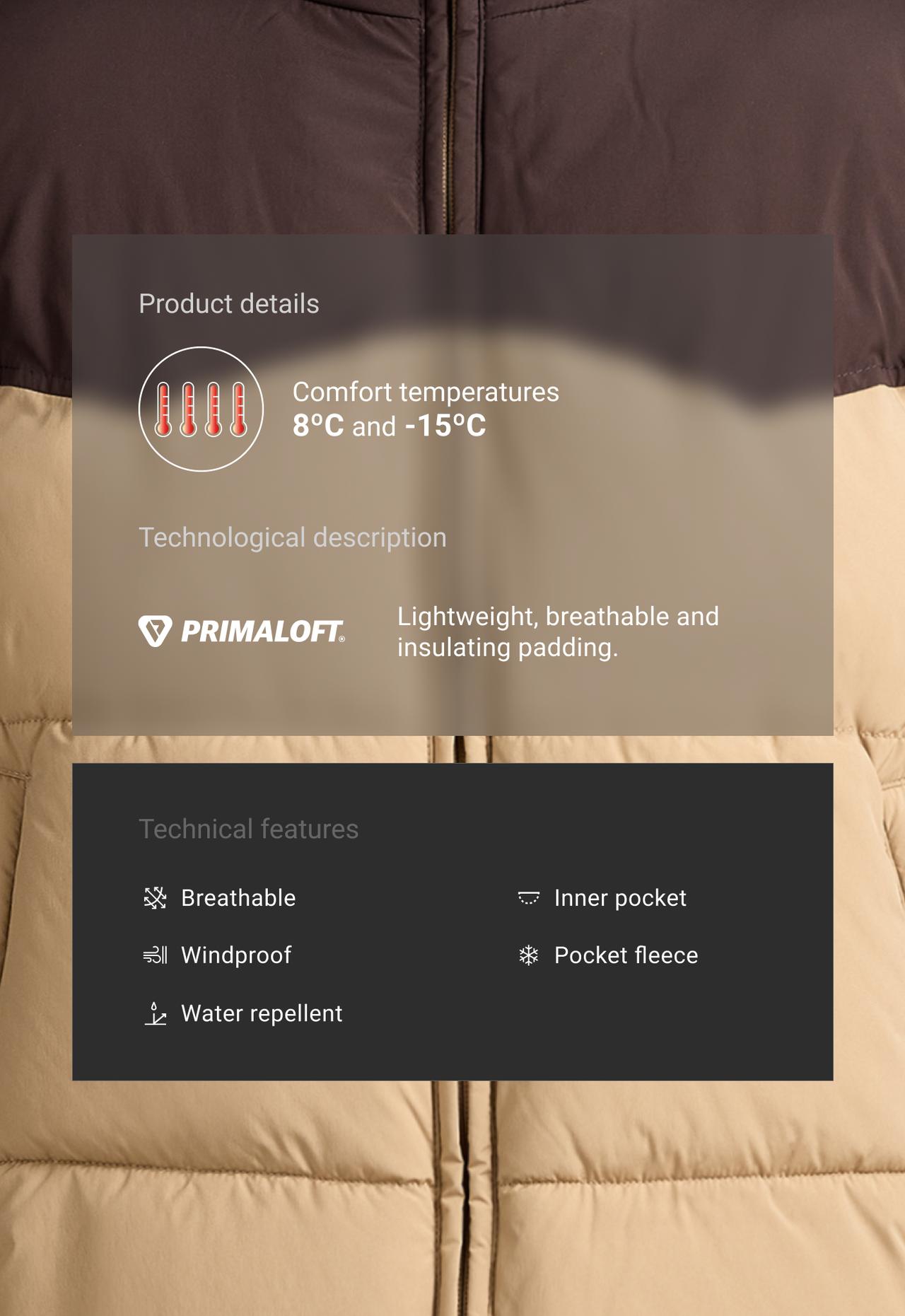 Water-repellent contrasting primaloft® padded jacket — PALE CAMEL
