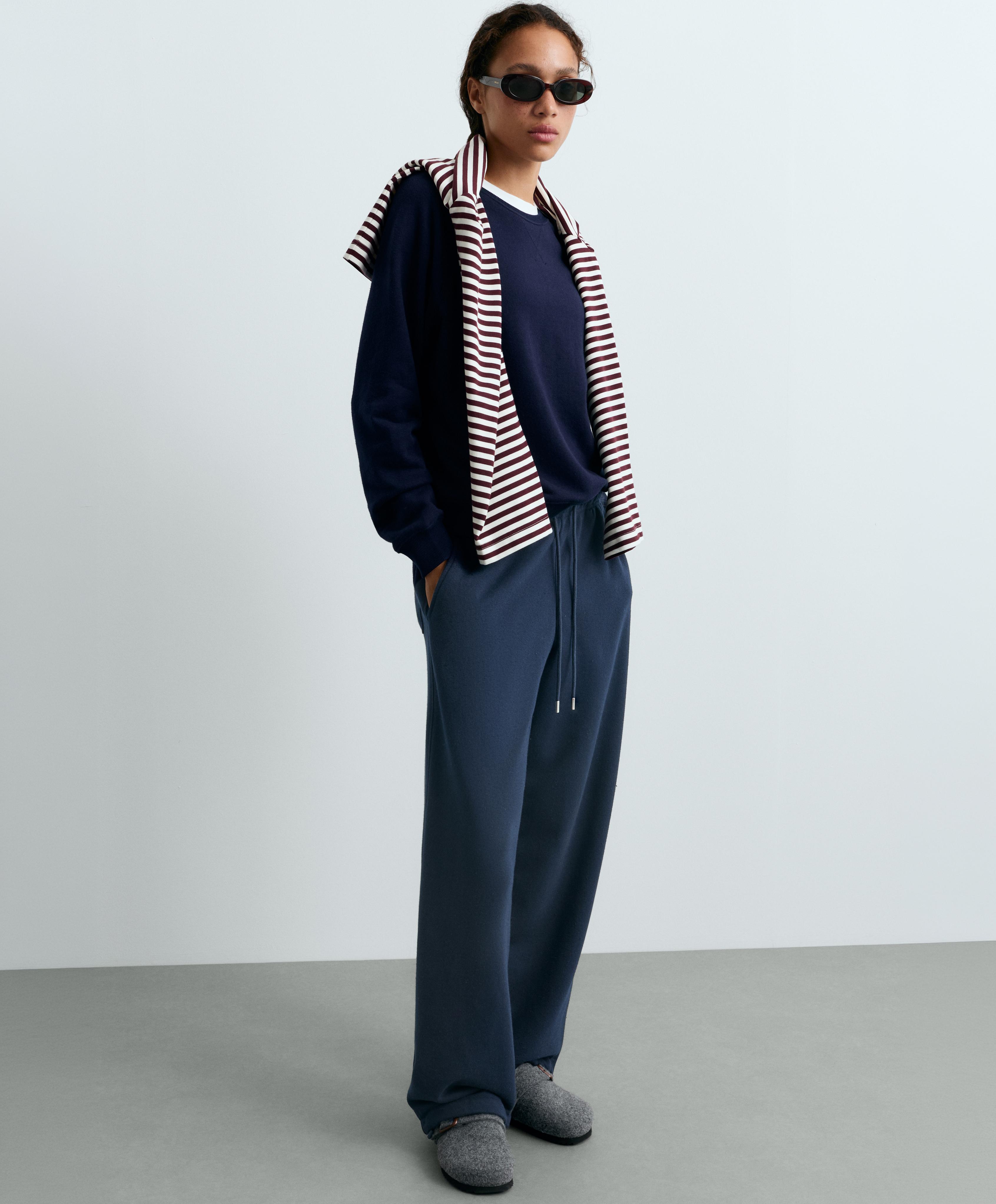 Cotton blend fleece straight-leg trousers — NAVY BLUE