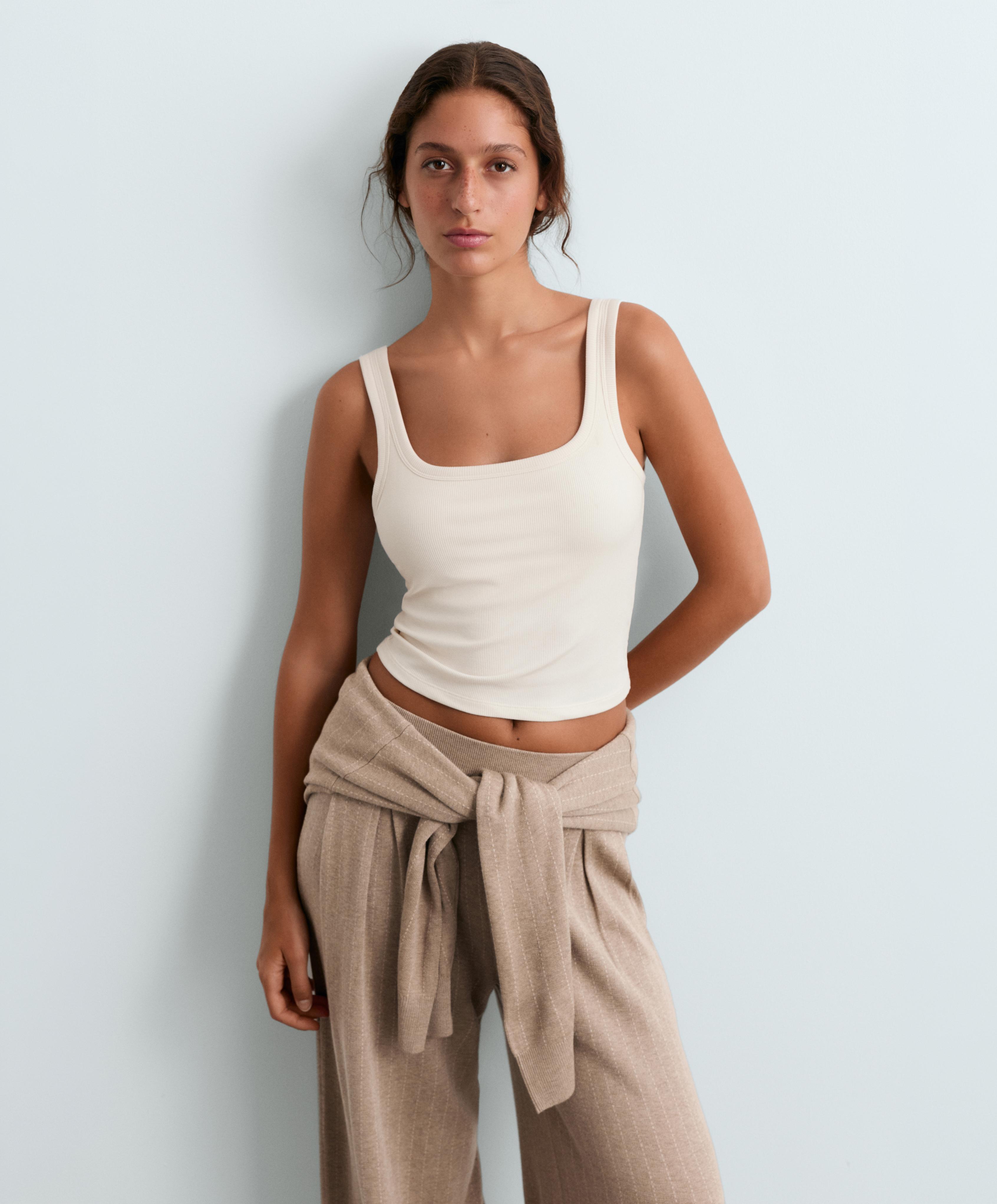 Square neck rib modal blend tank top — PALE ECRU