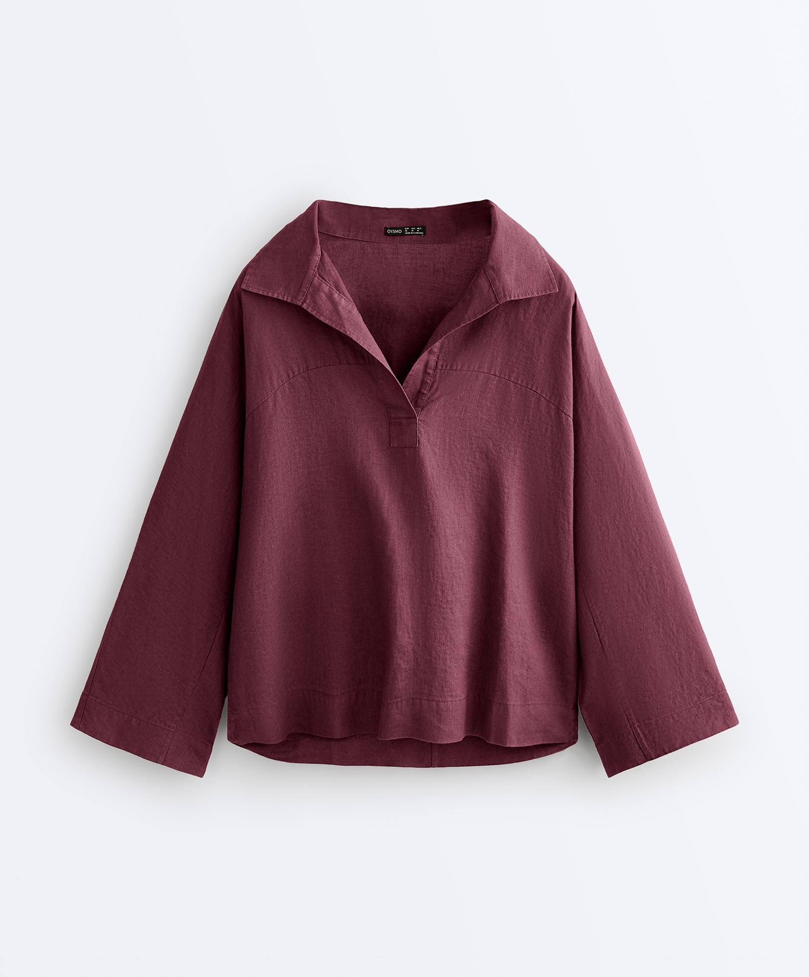 Oversize long-sleeve 100% linen polo shirt — CHERRY