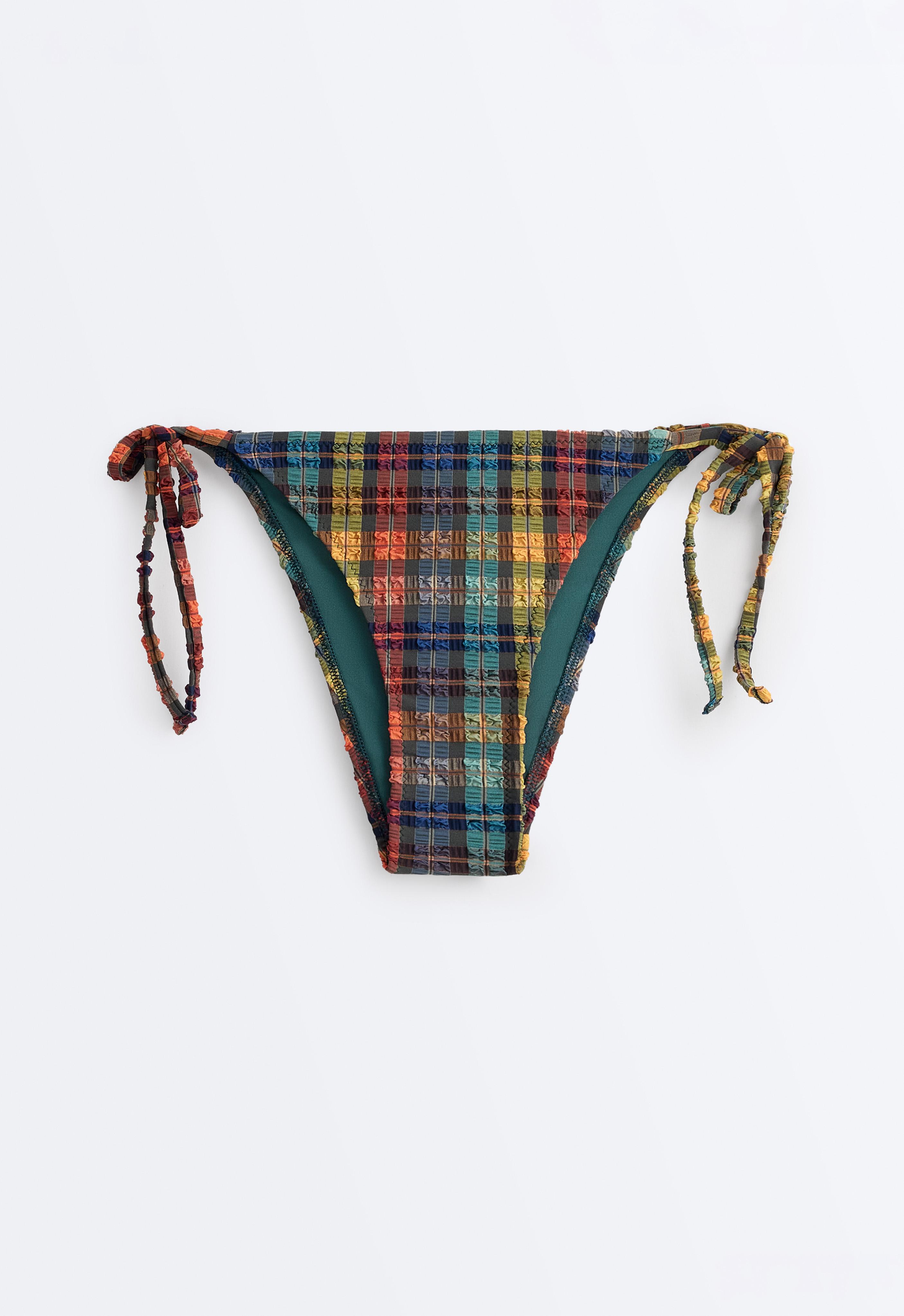 Textured check medium-coverage bikini briefs — BLUE GREEN
