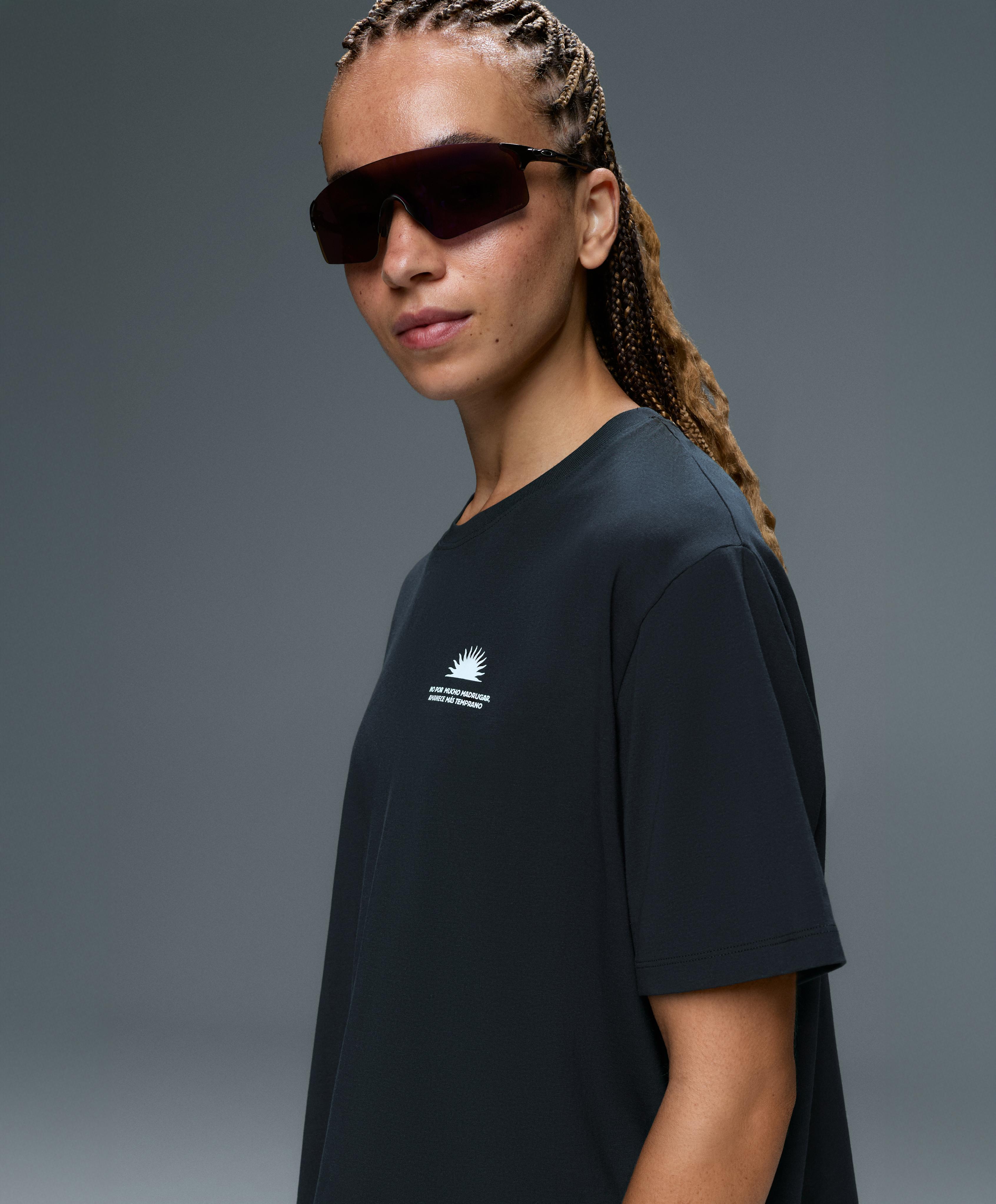 Boxy short-sleeved cotton blend printed T-shirt — NAVY BLUE