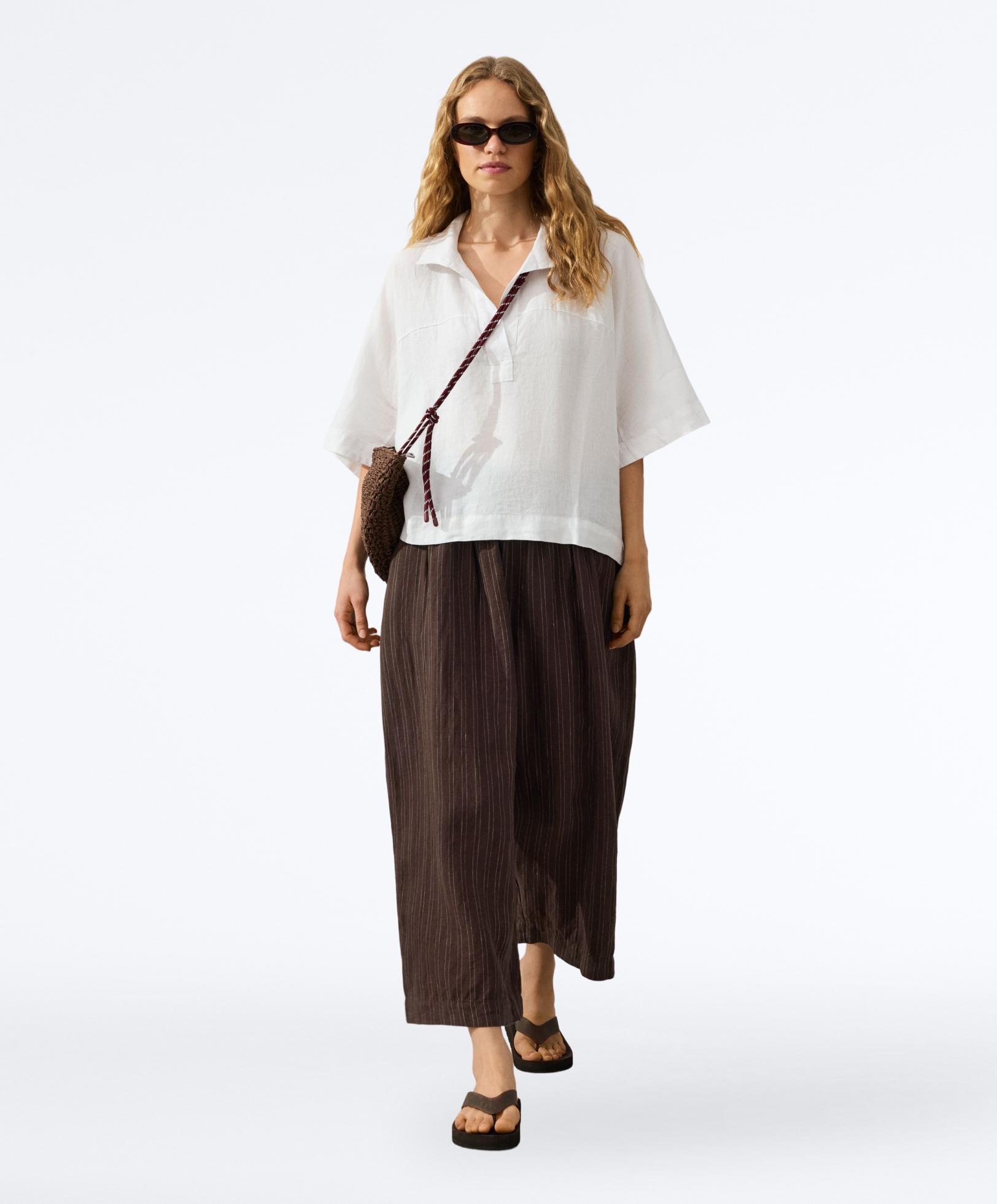 Striped 100% linen balloon crop trousers — EARTH