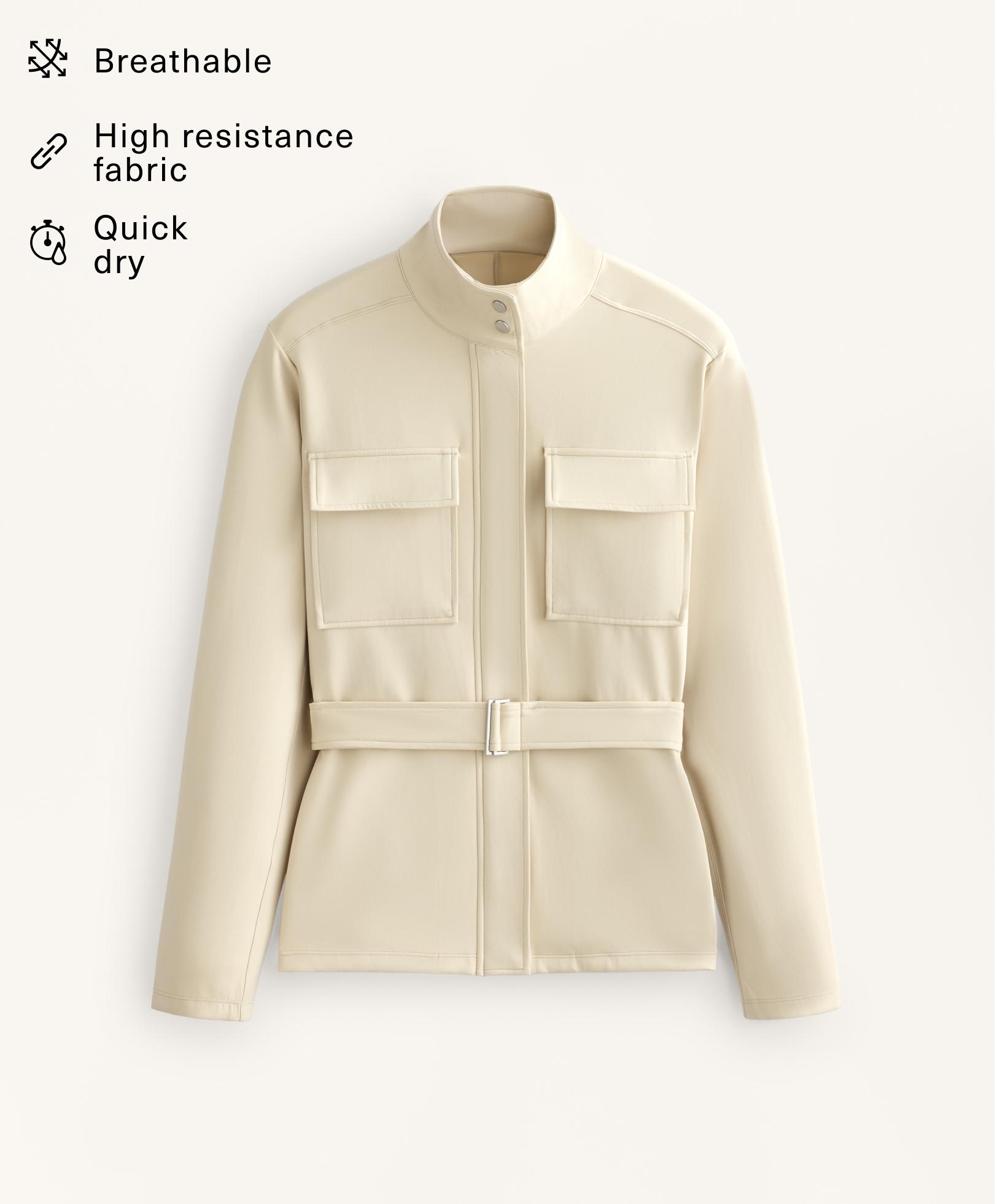 Neoprene-effect jacket with belt — PALE BEIGE MELANGE