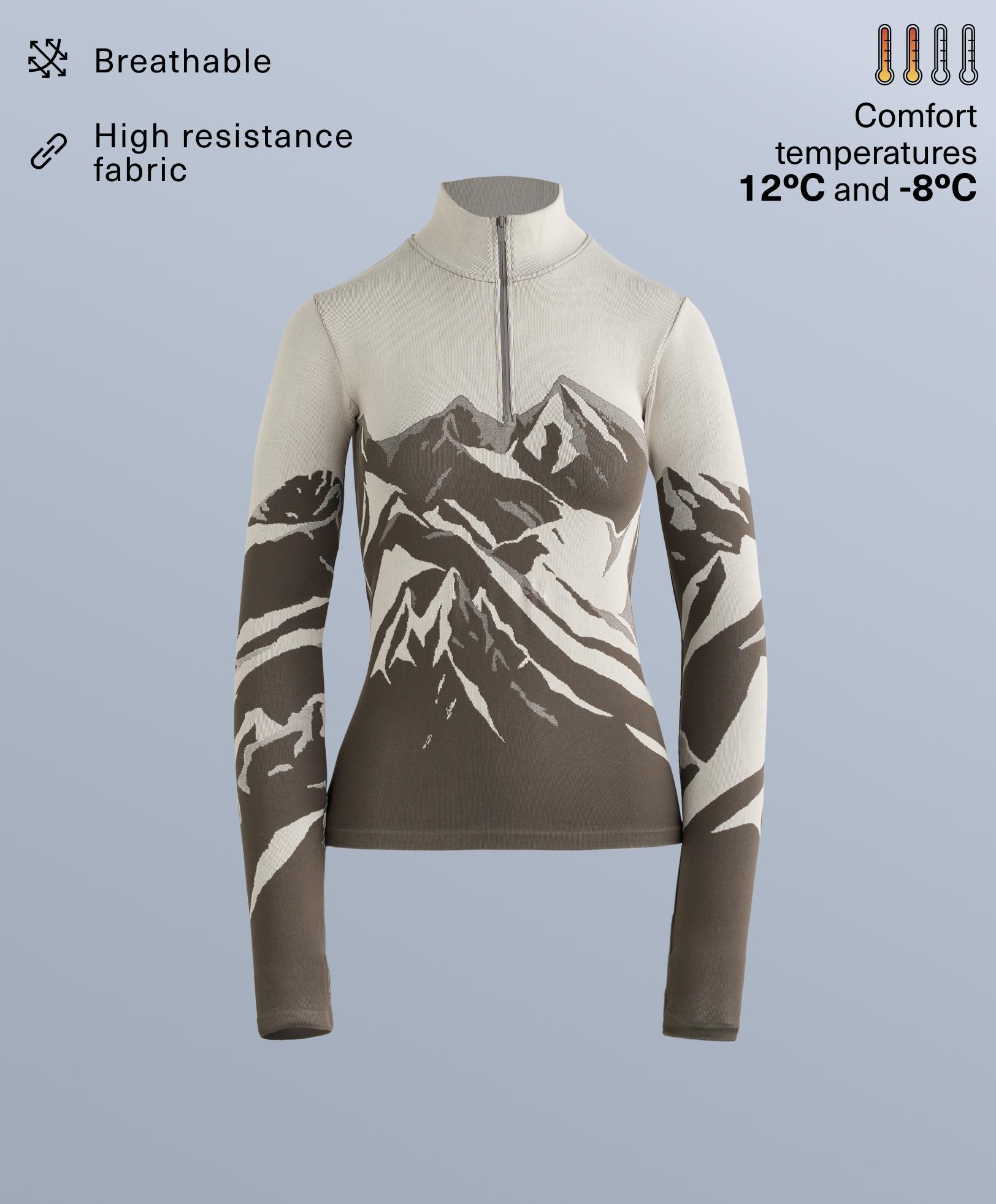 Seamless base layer thermal T-shirt with half zip and print — PALE MINK