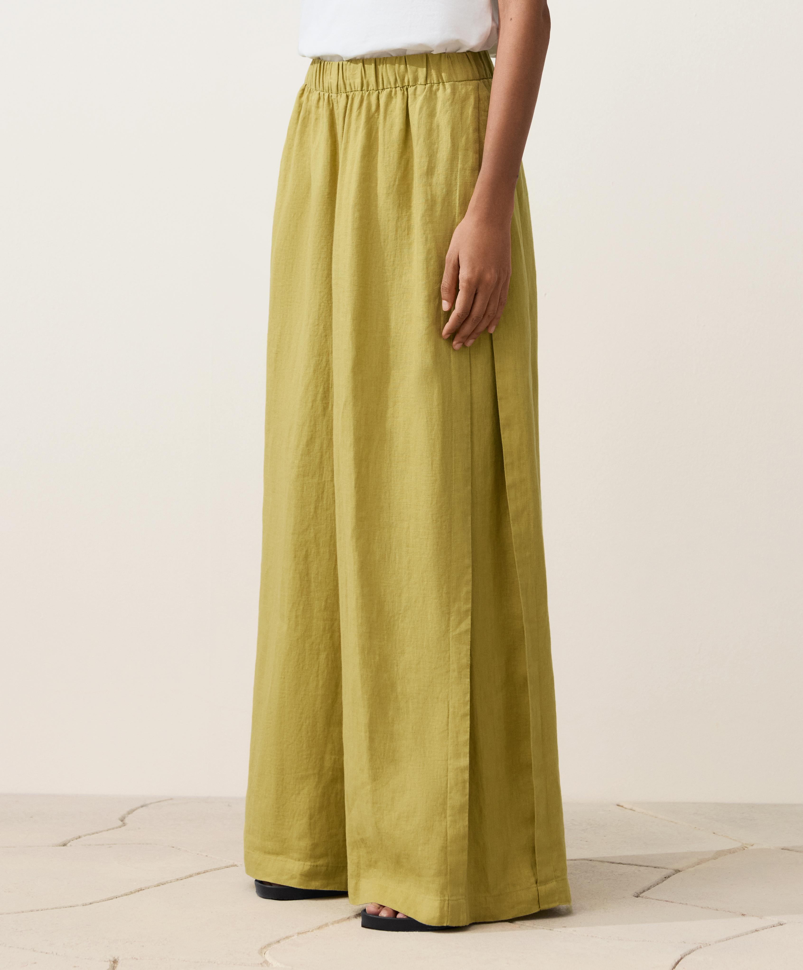 100% linen wide-leg trousers with side pleat — LIME GREEN