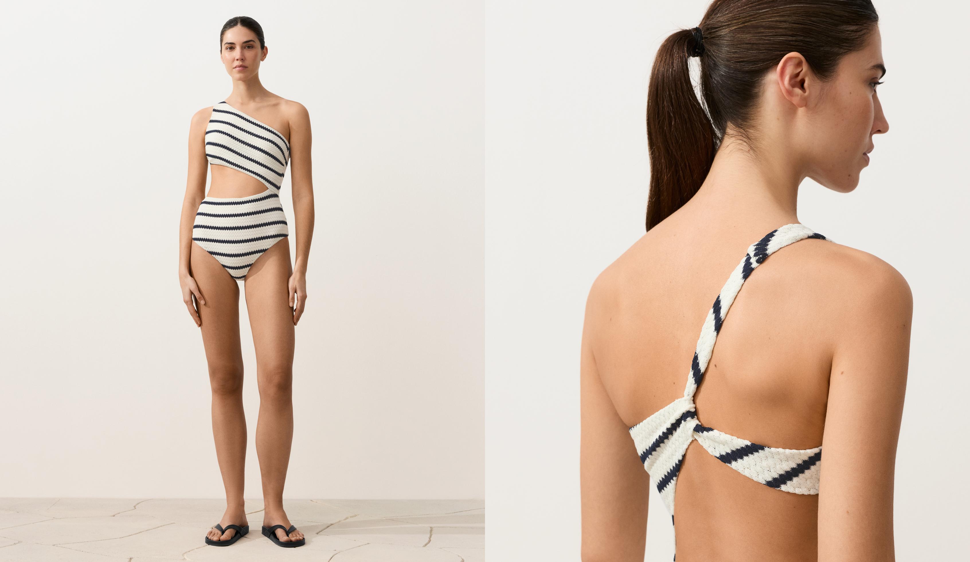 Asymmetric striped crochet trikini — PALE ECRU