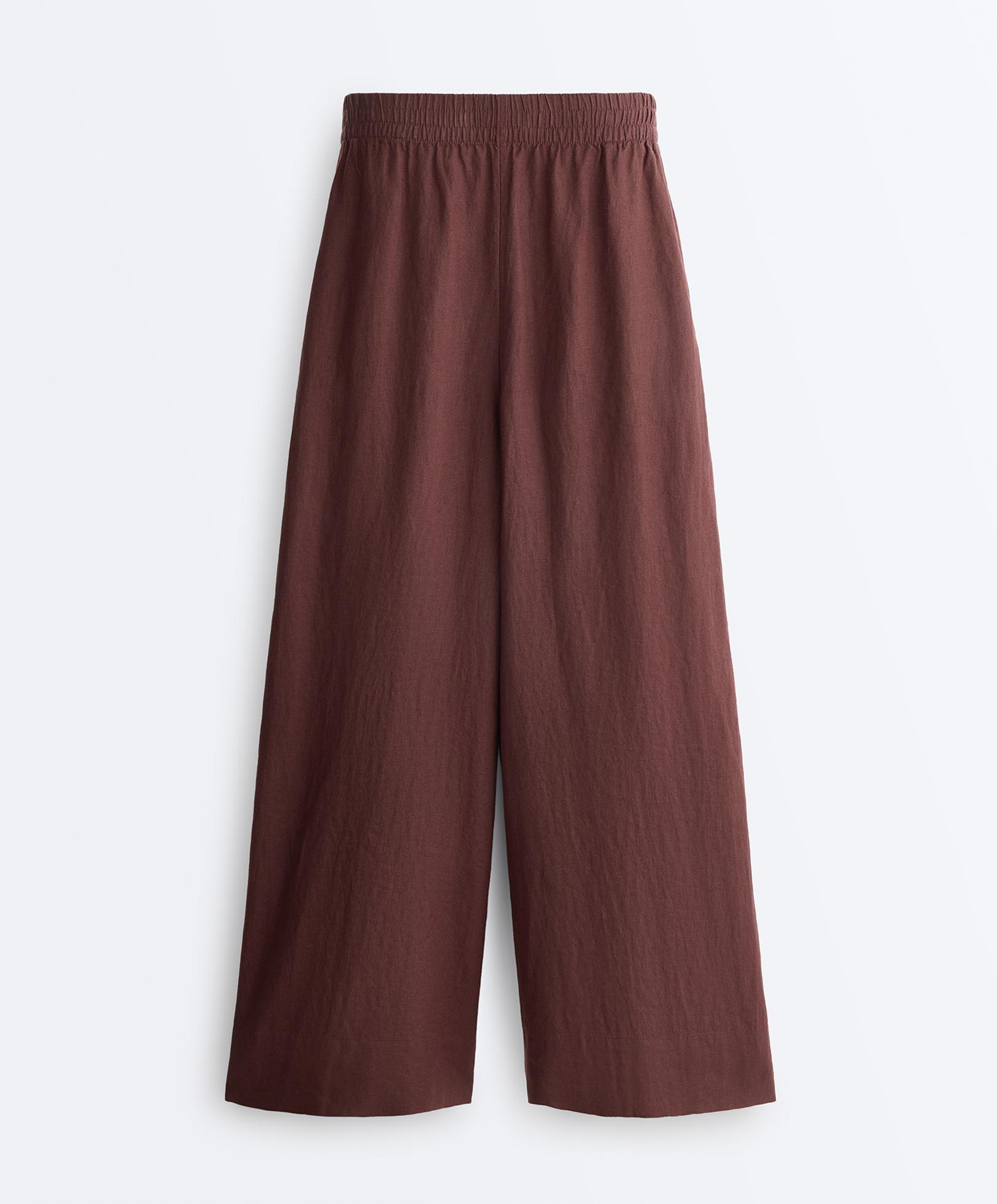 100% linen super wide-leg cropped trousers — CHOCOLATE