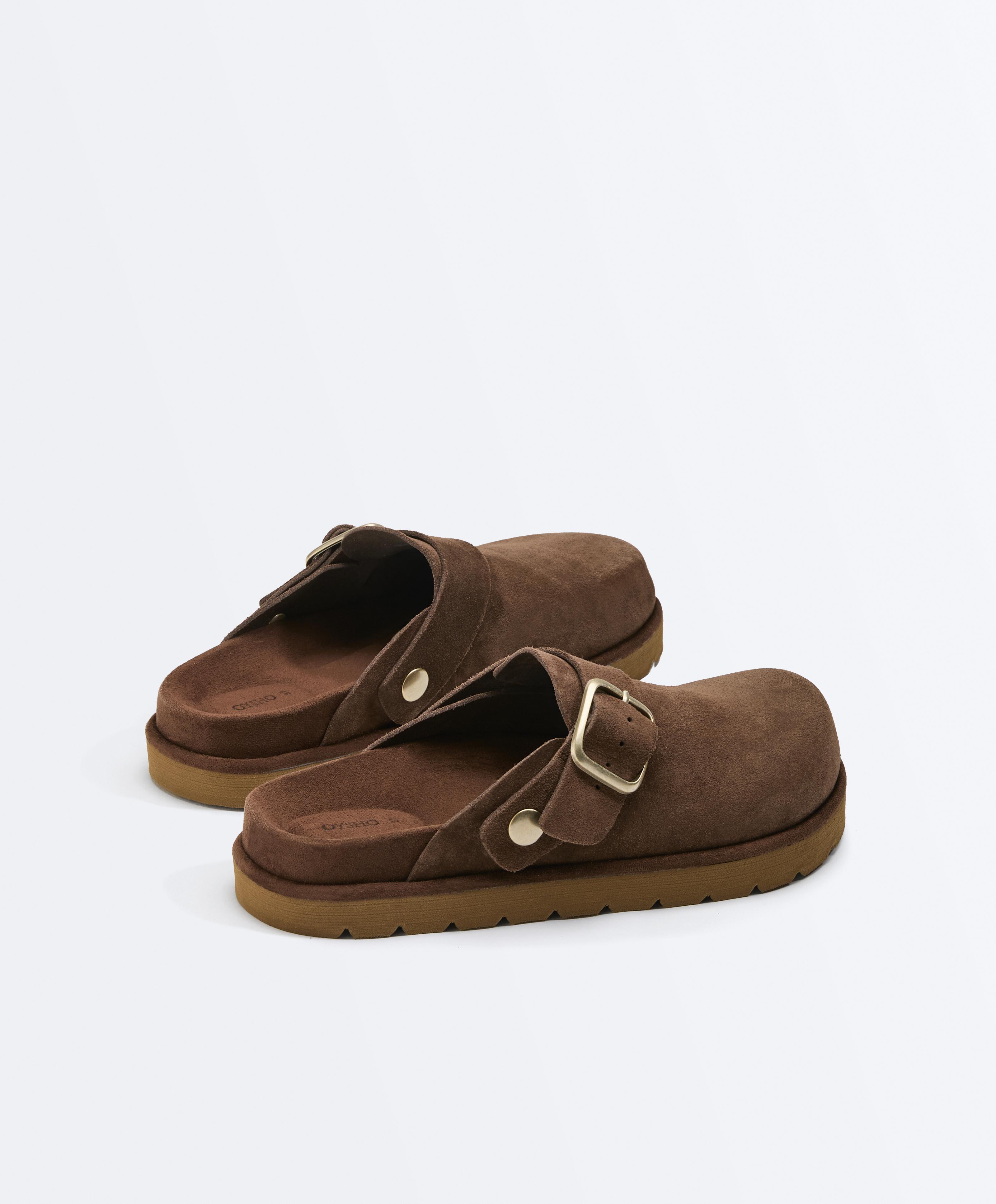 Buckled split-leather mules — BROWN