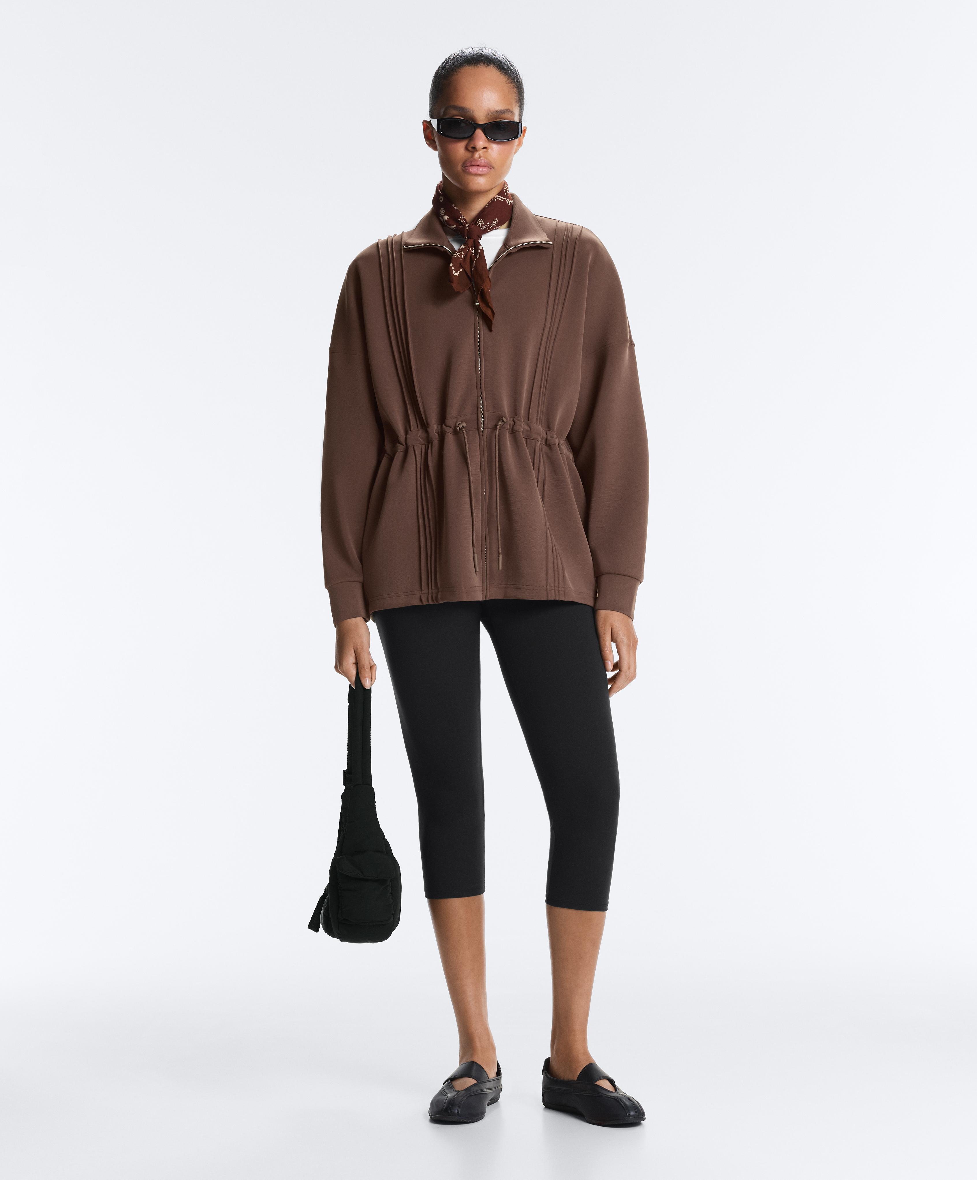 Long jacket with ribbed high neck and soft-touch modal — MID-BROWN