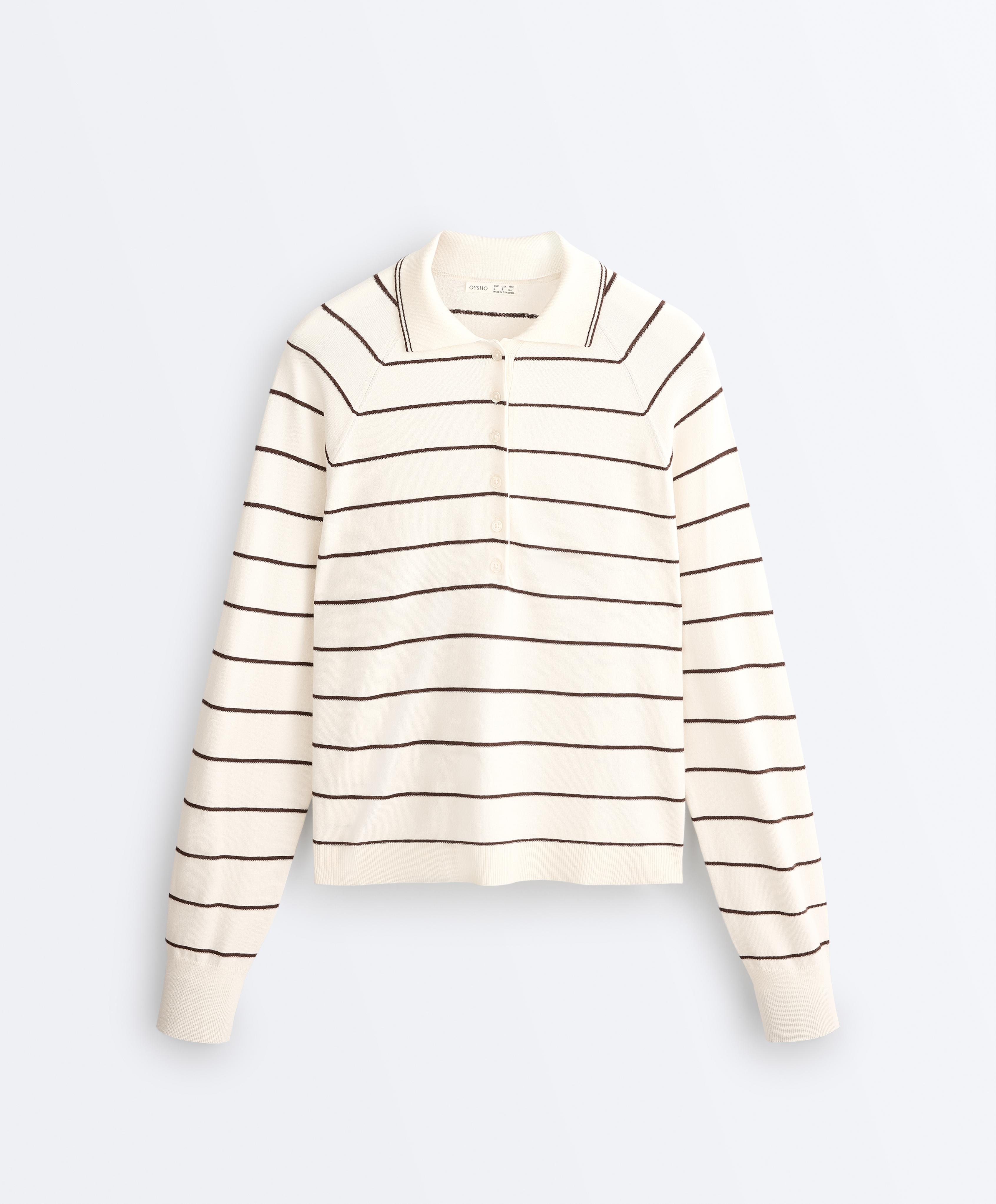 Striped long-sleeve polo shirt — PALE ECRU