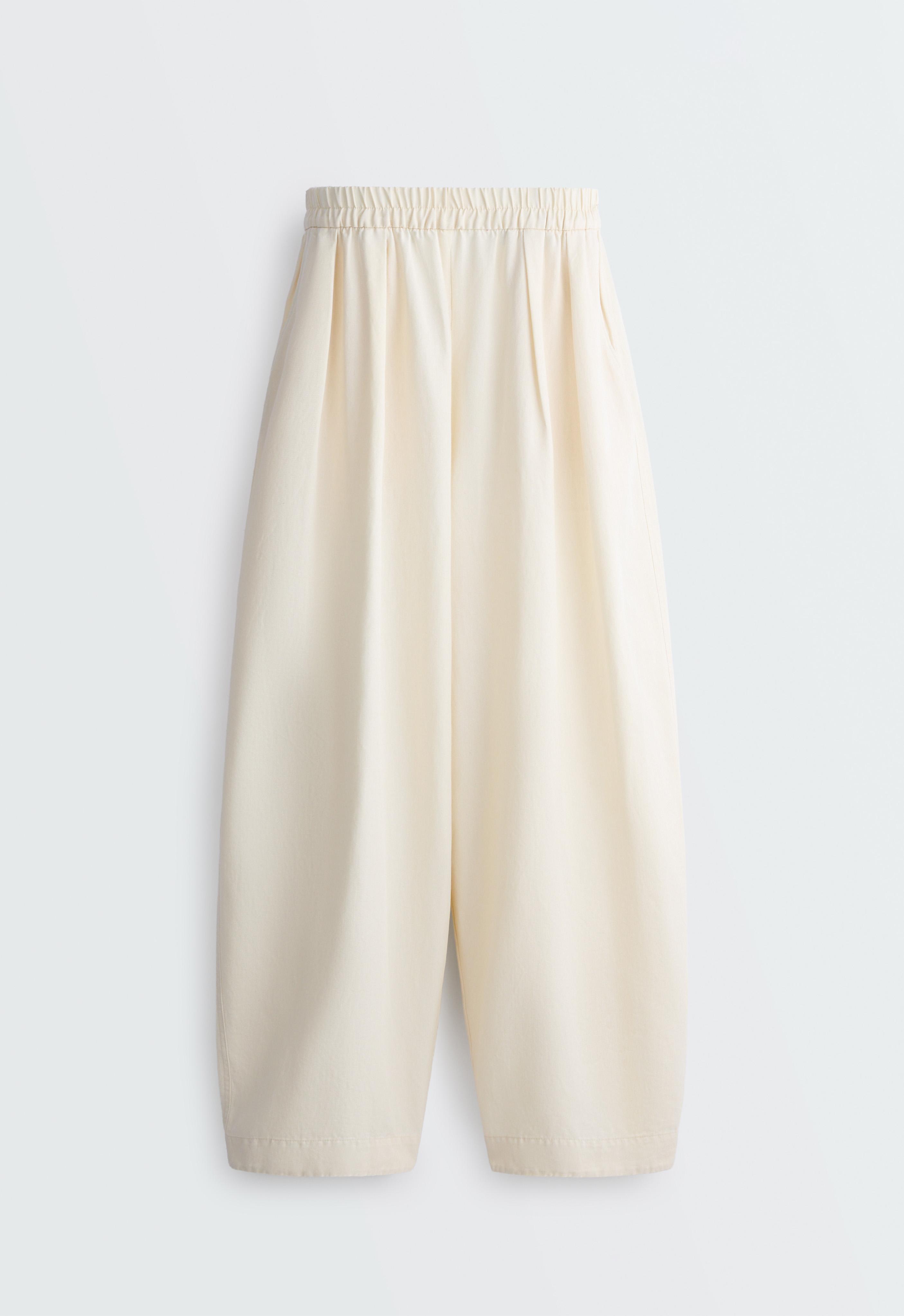 Cotton and 20% linen blend balloon trousers — ECRU