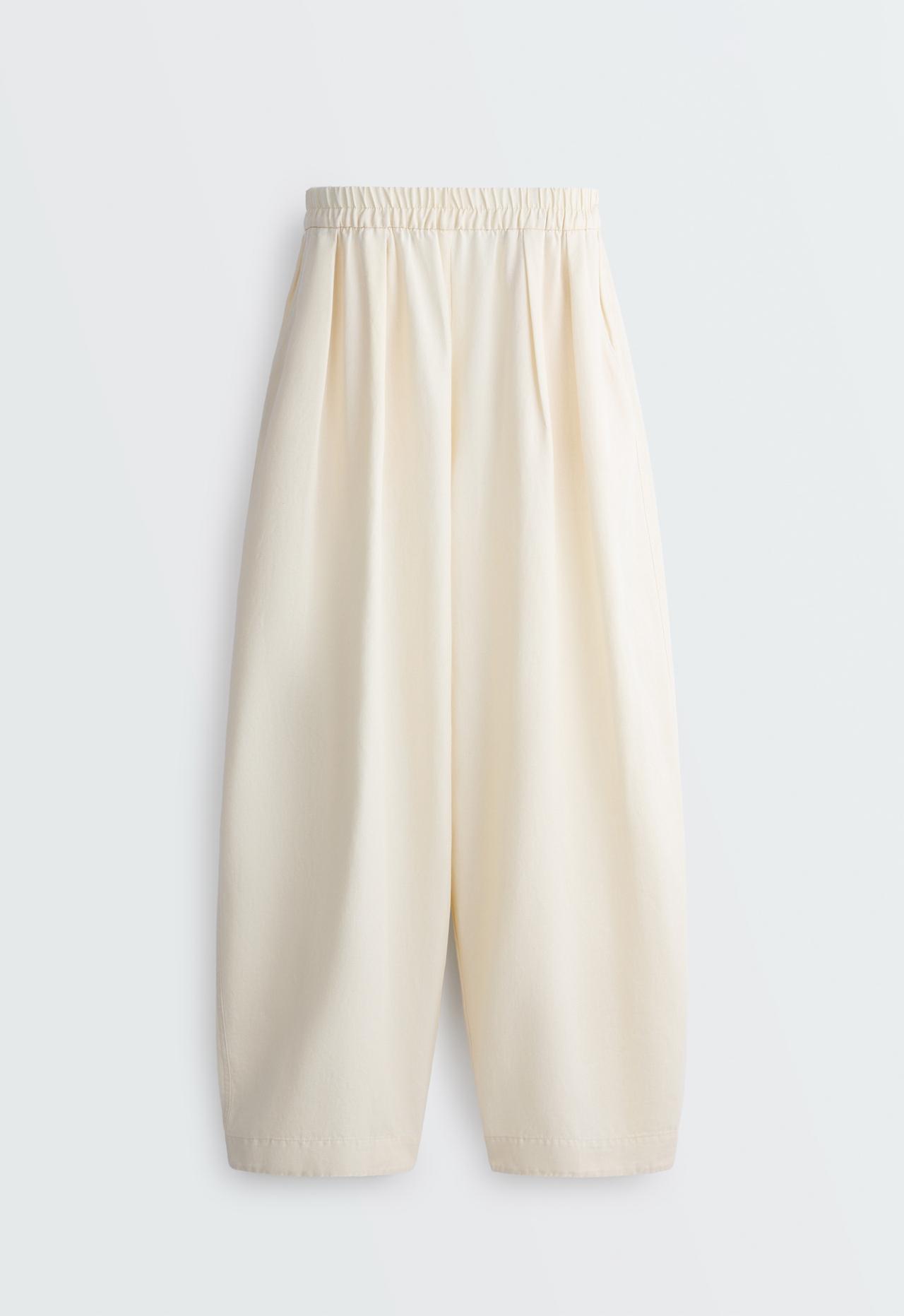 Cotton and 20% linen blend balloon trousers — ECRU