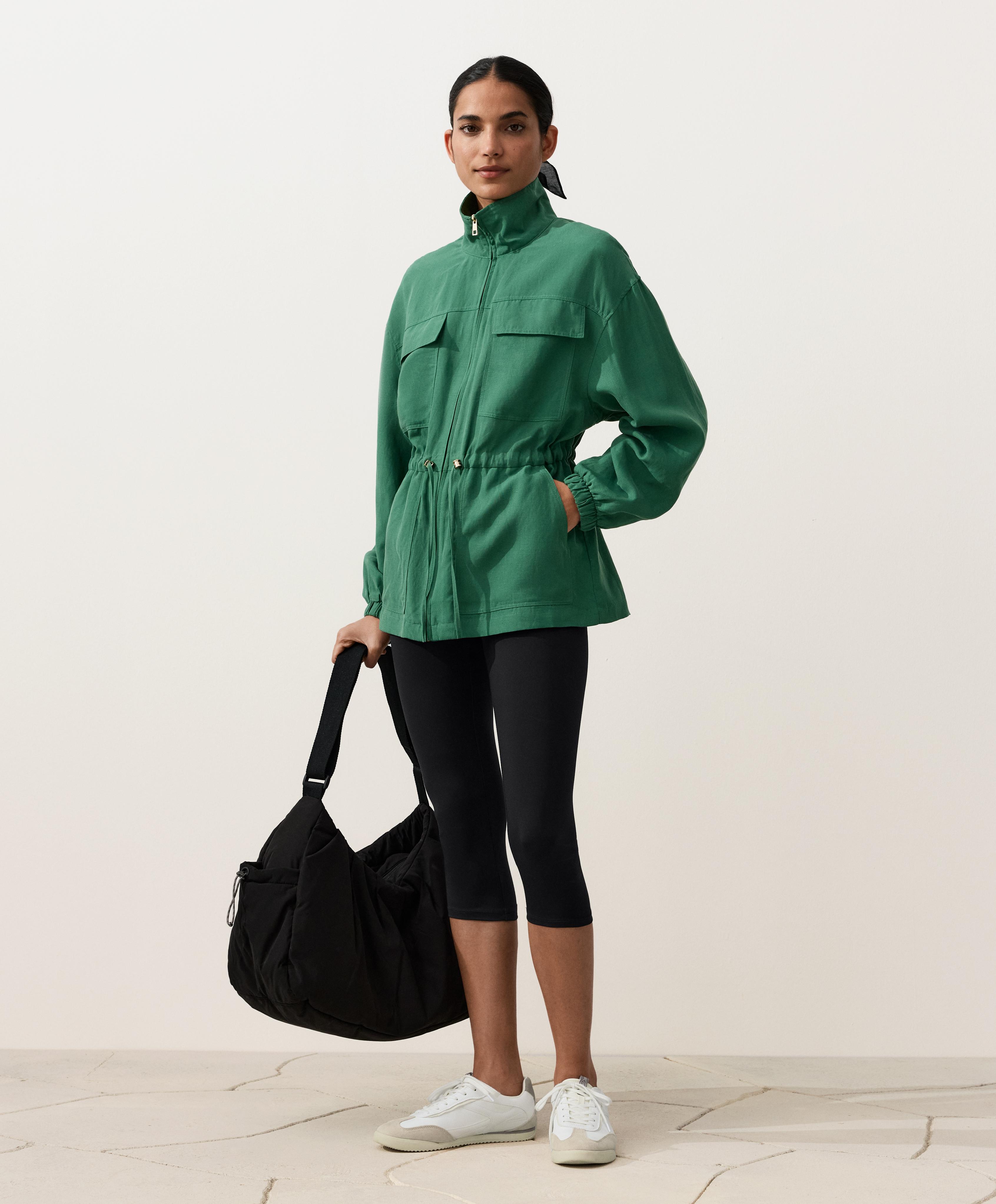 Lyocell and 24% linen blend ruched waist jacket — EMERALD GREEN