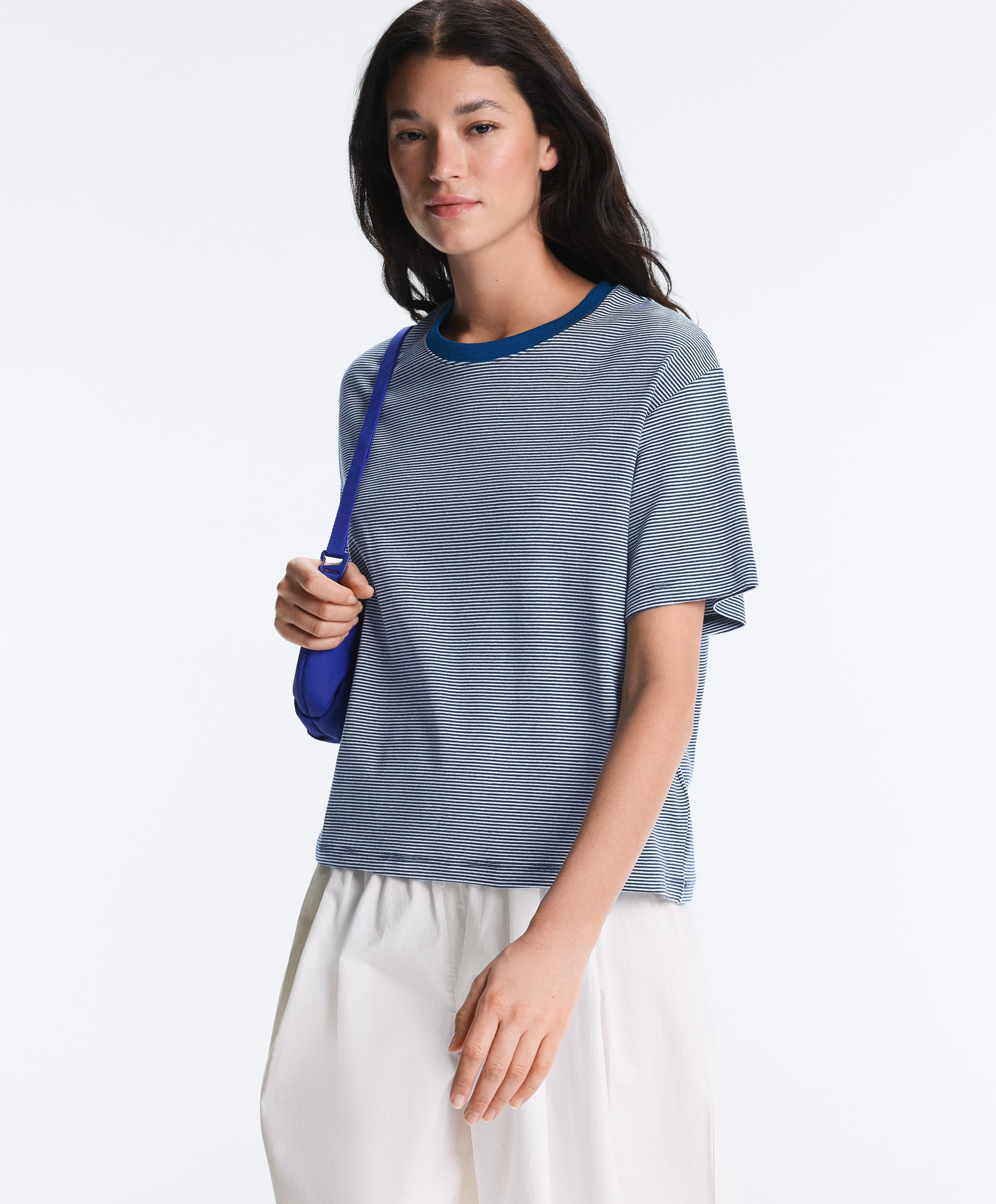 Striped boxy short sleeve cotton blend T-shirt — NAVY BLUE
