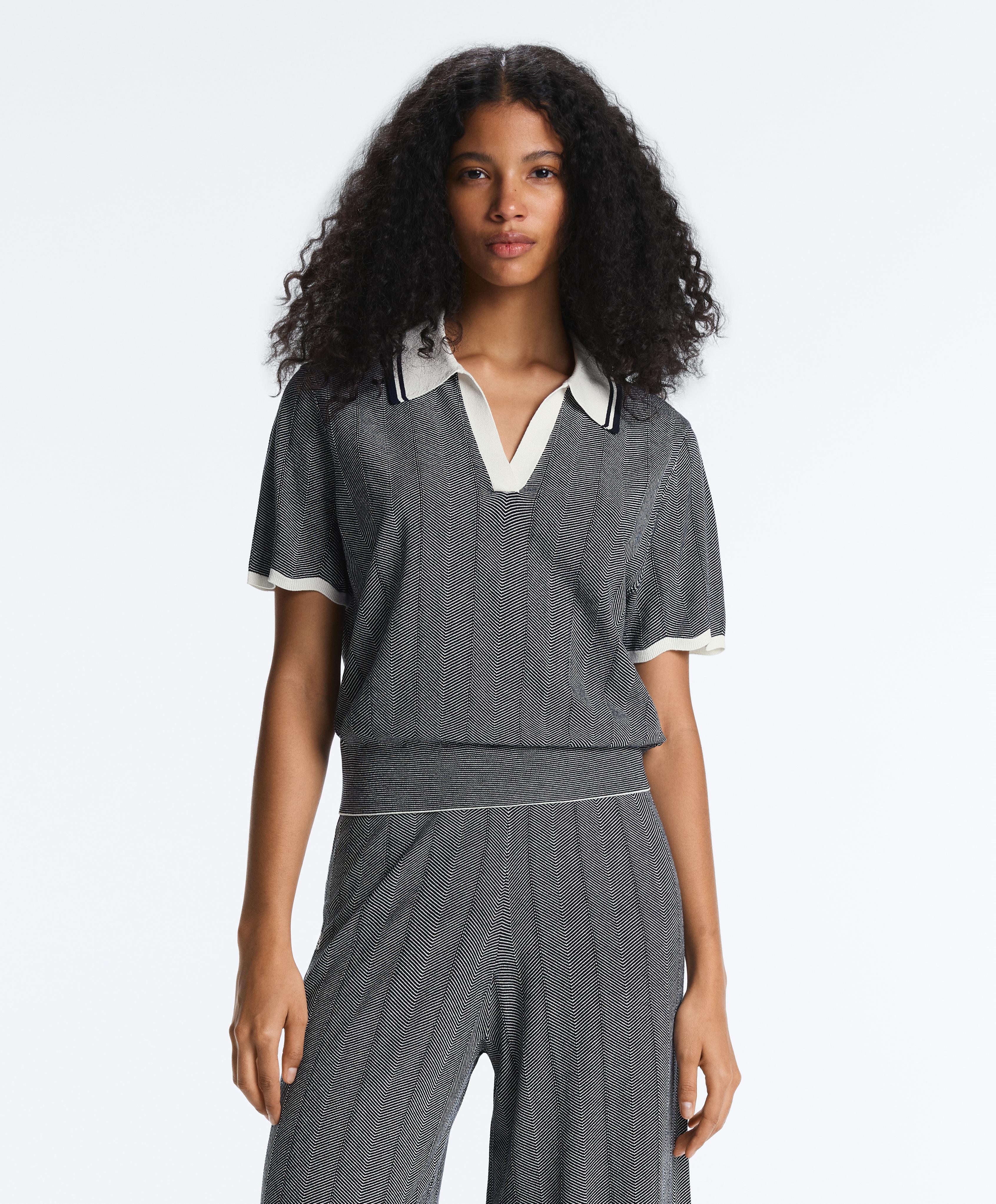 Herringbone short sleeve knit polo shirt — NAVY BLUE