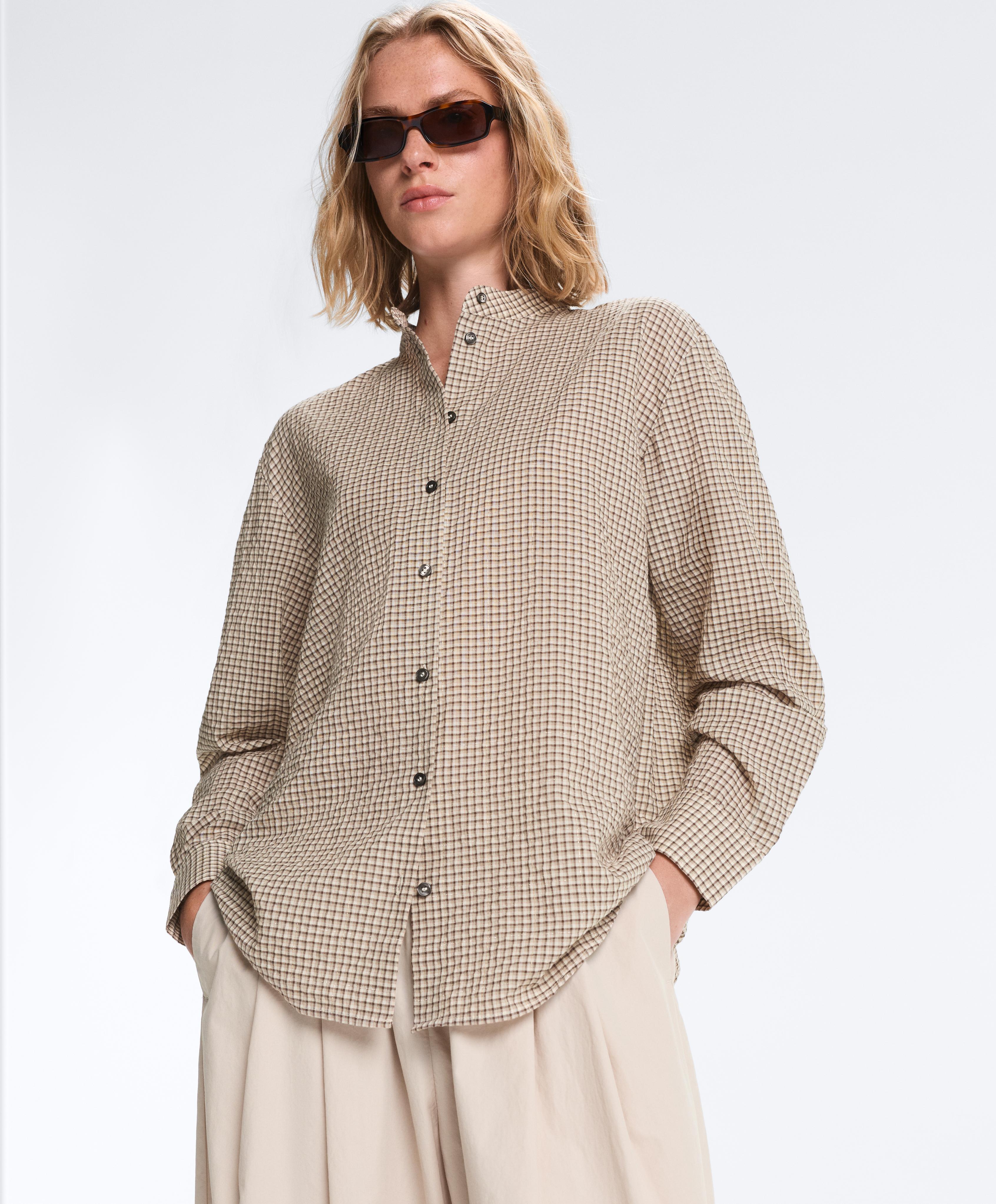 Check cotton blend stand-up collar shirt — BEIGE