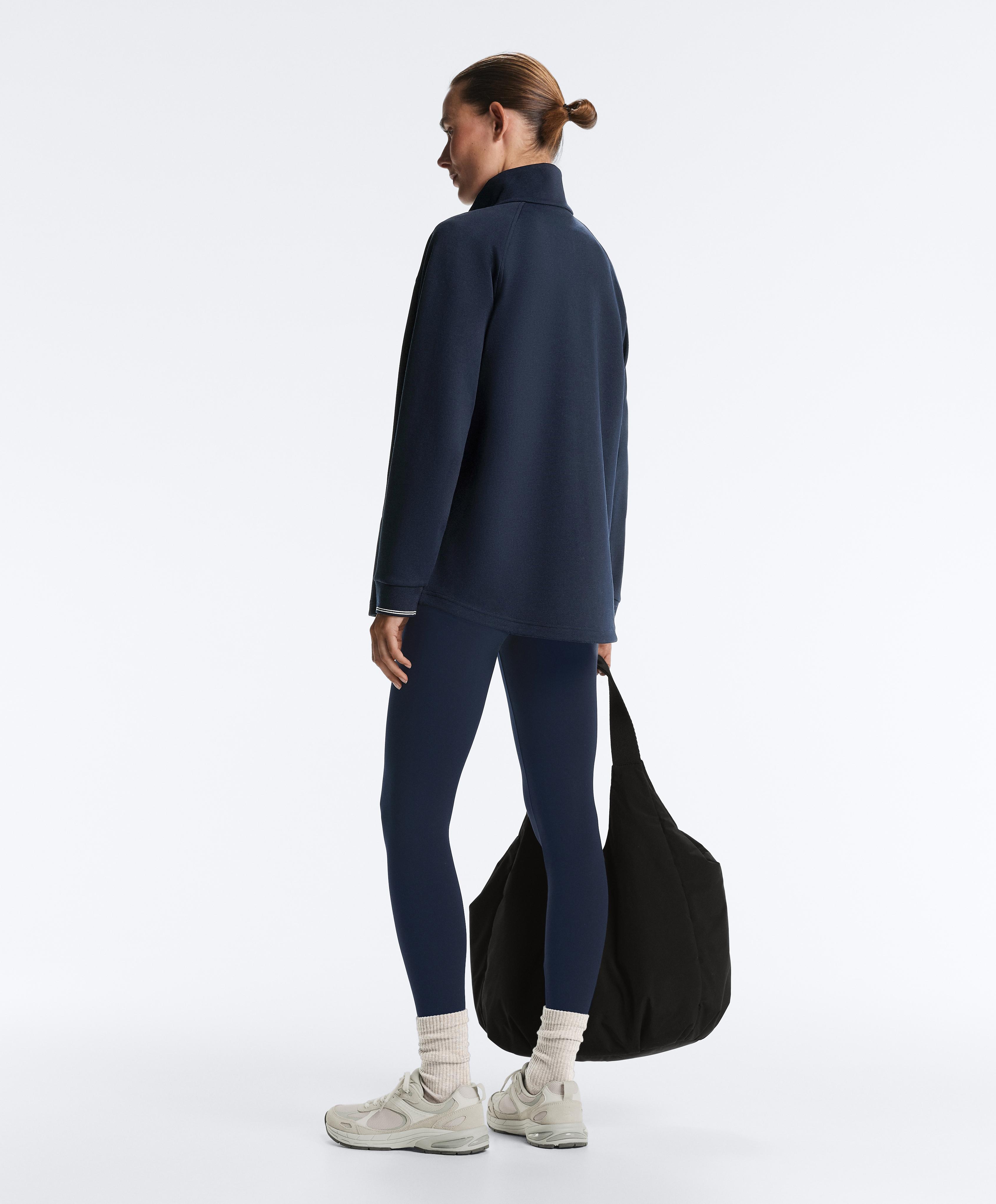 Long piqué jacket with contrast cotton piping — NAVY BLUE