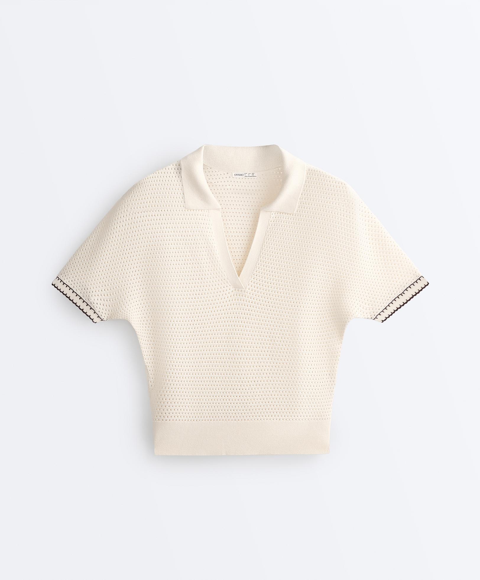 Cotton blend openwork knit polo — PALE ECRU