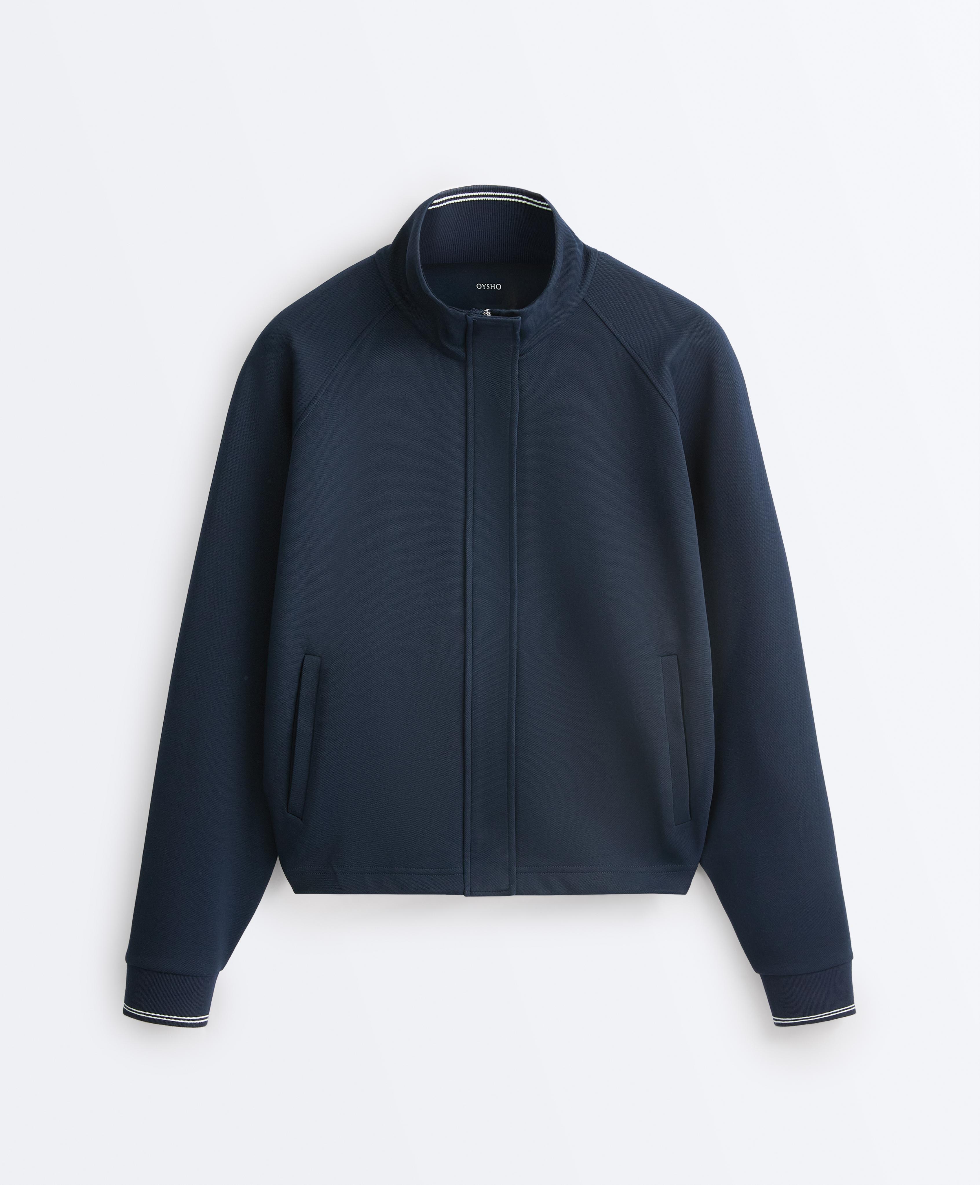 Piqué jacket with cotton contrast piping — NAVY BLUE