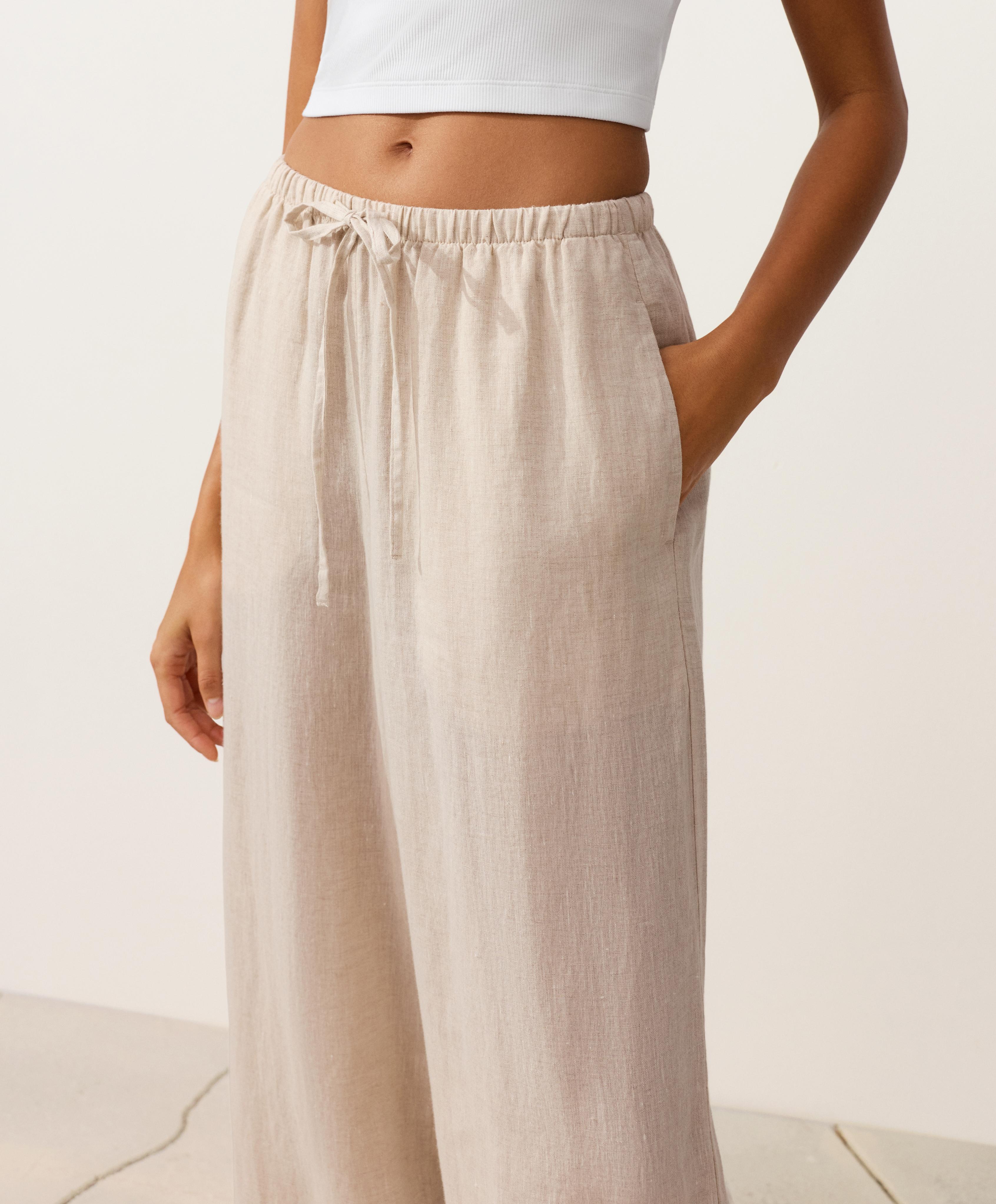 100% linen straight-leg trousers — SAND MELANGE