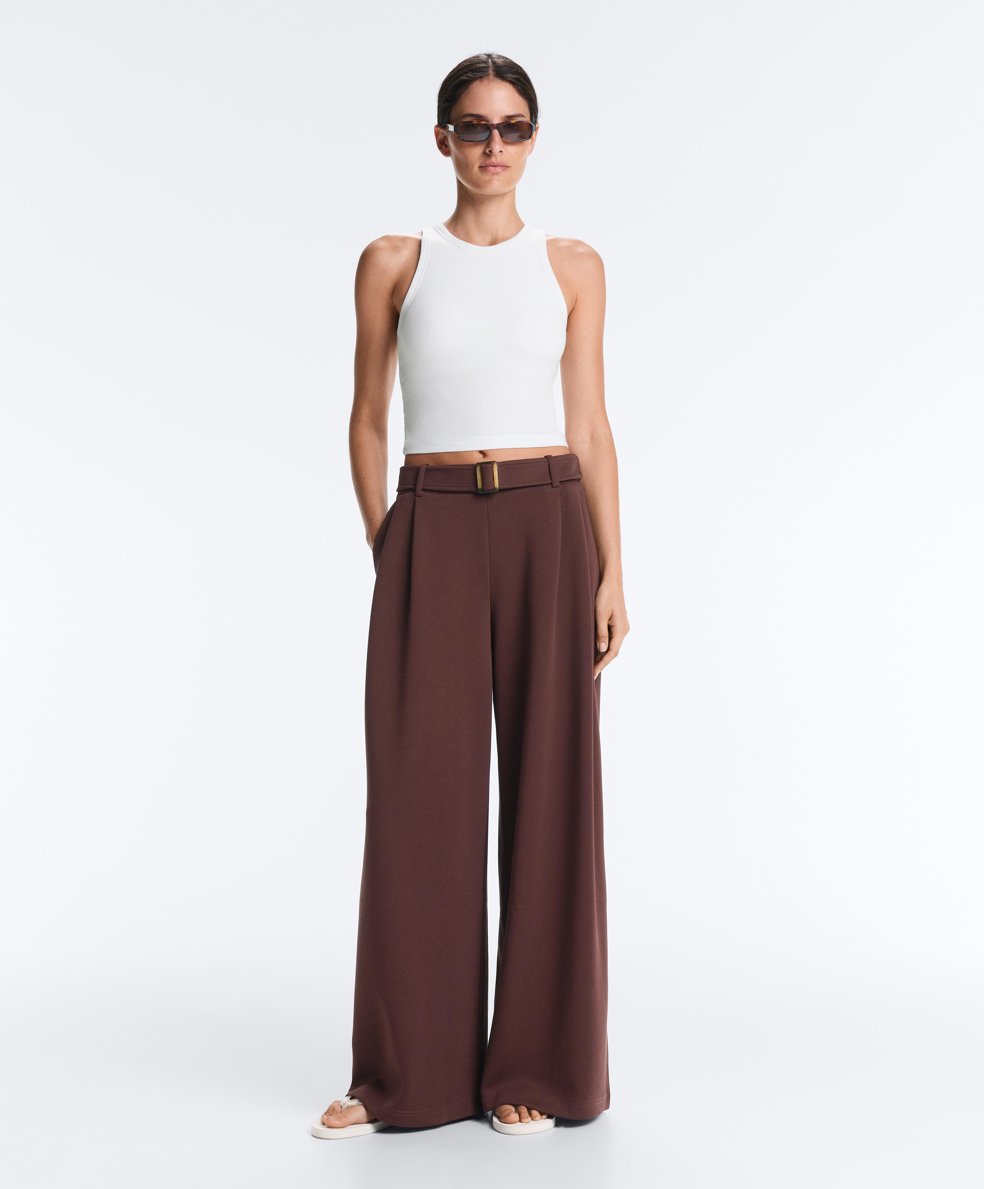 Wide-leg cotton piqué belted trousers — CHOCOLATE