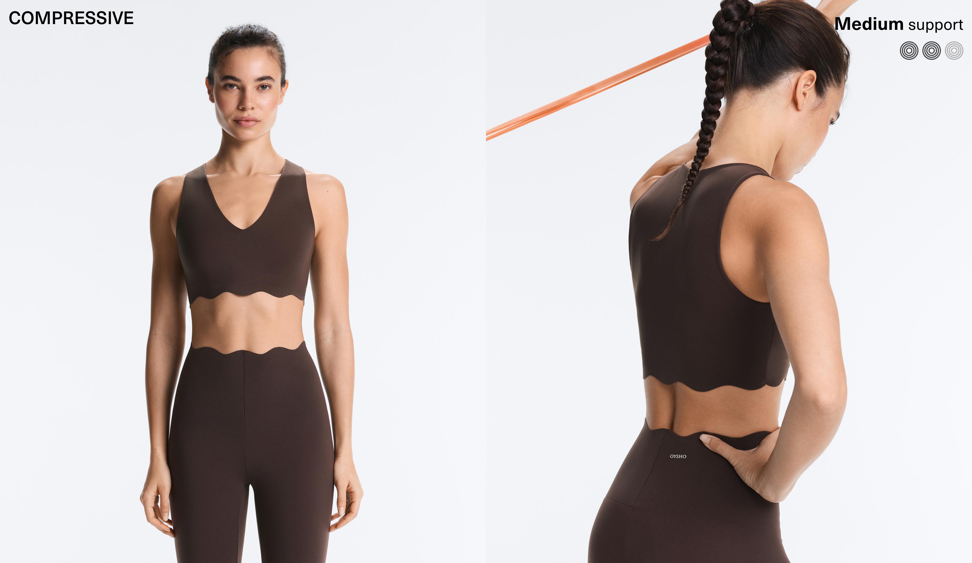 Wavy medium-support compressive sports bra — DARK REDDISH‑BROWN