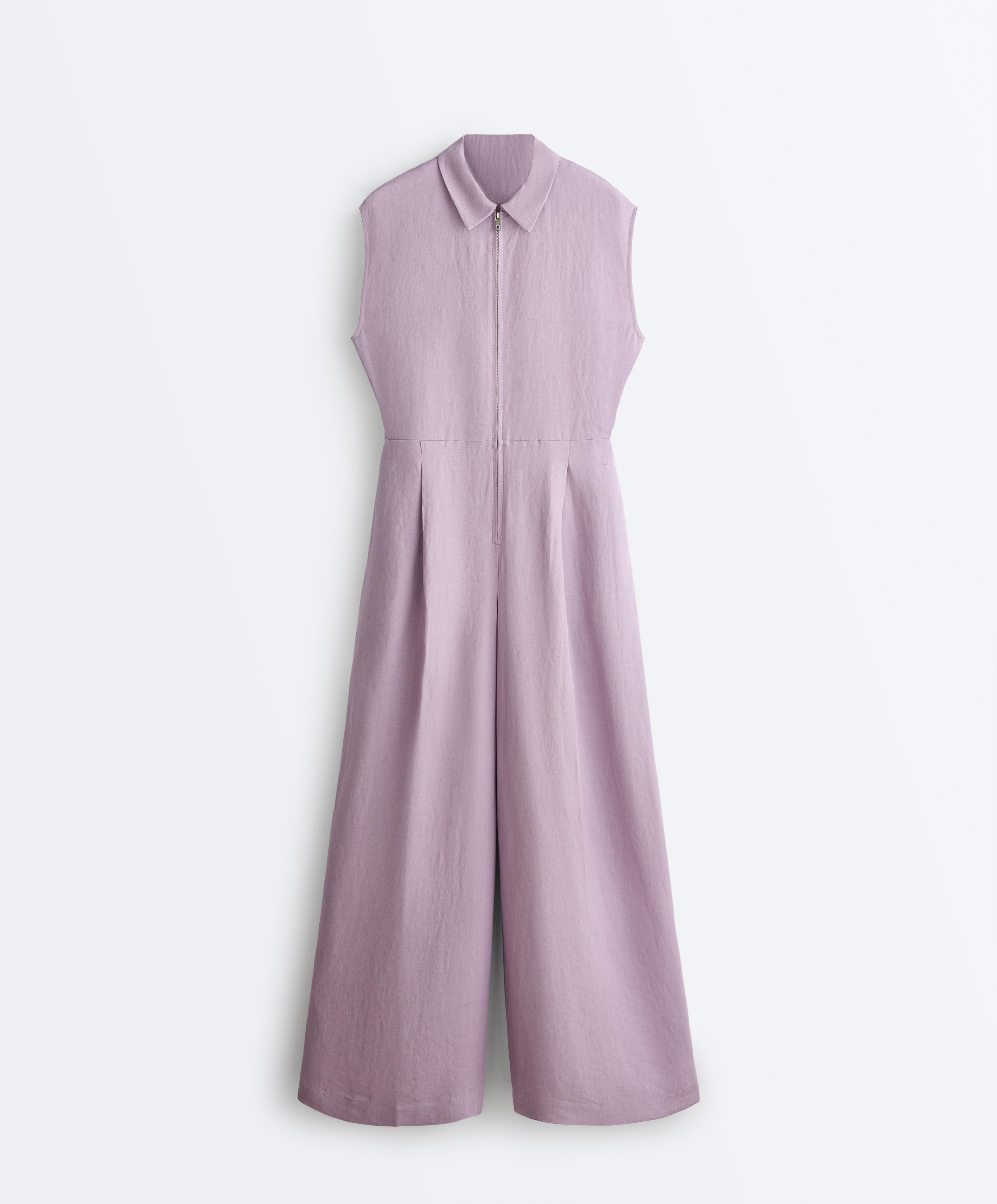 Linen long jumpsuit with lapel collar — LILAC
