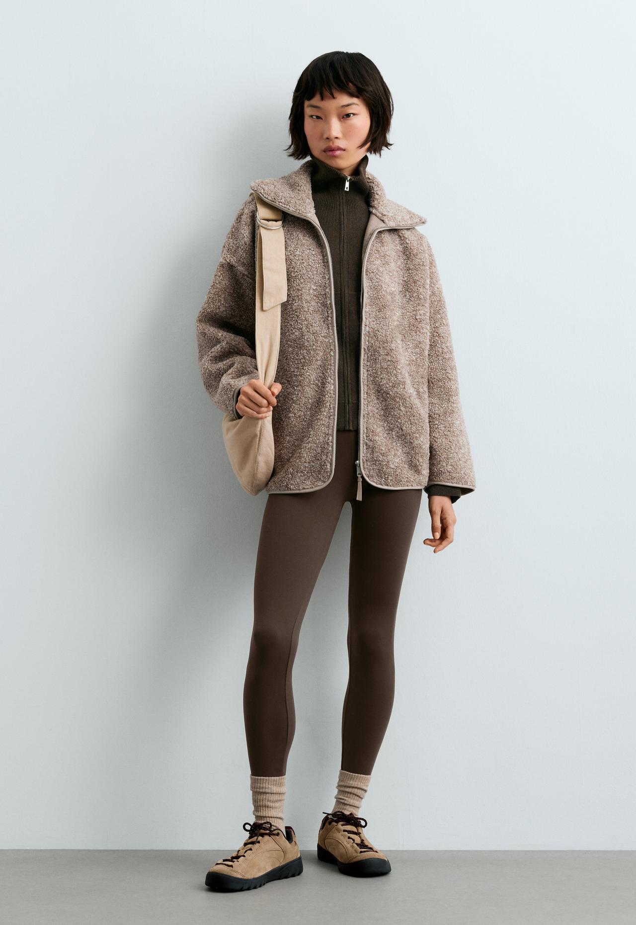 High-neck faux-shearling jacket — TAUPE