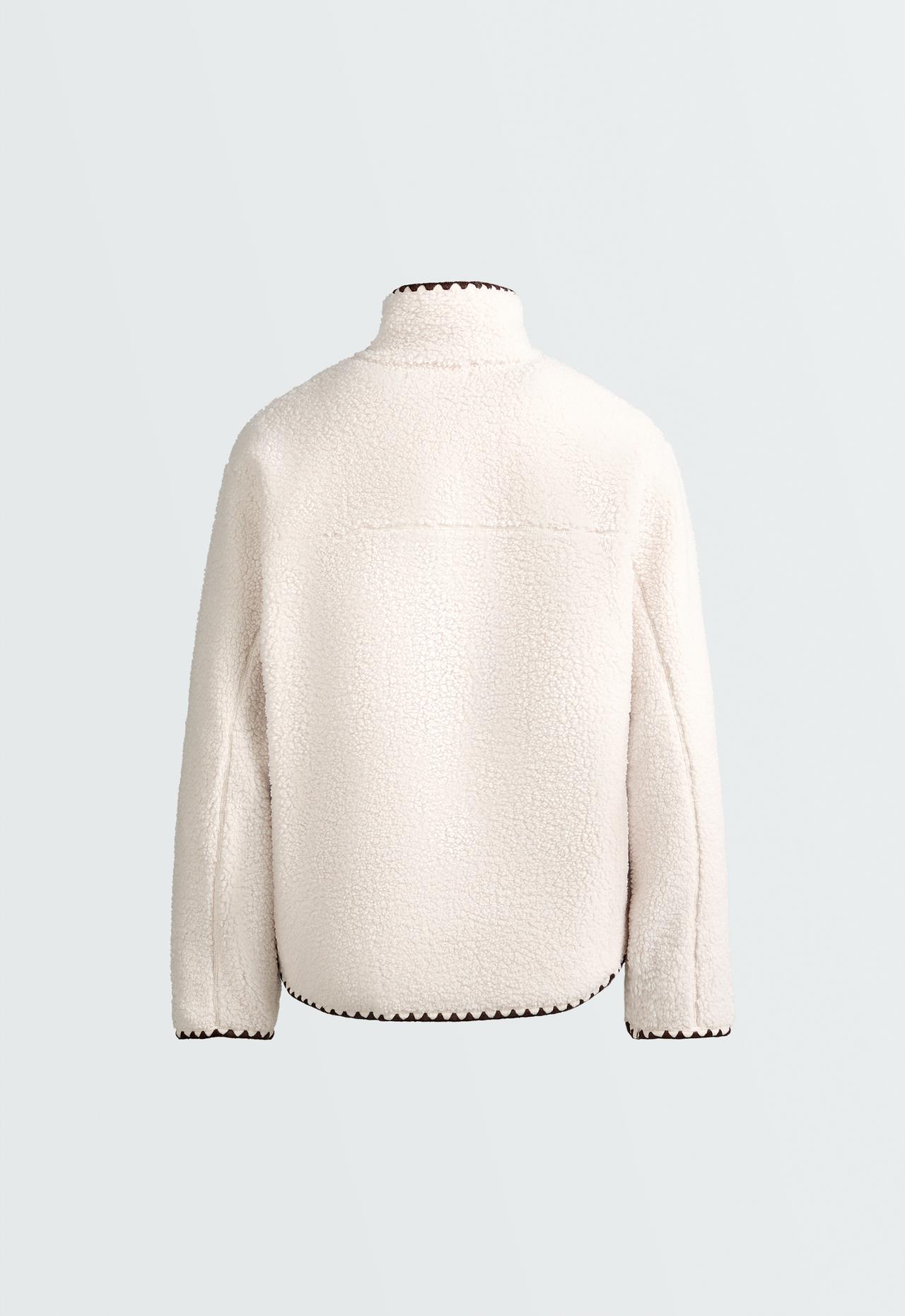 High-neck faux-shearling jacket with contrast stitching — ECRU