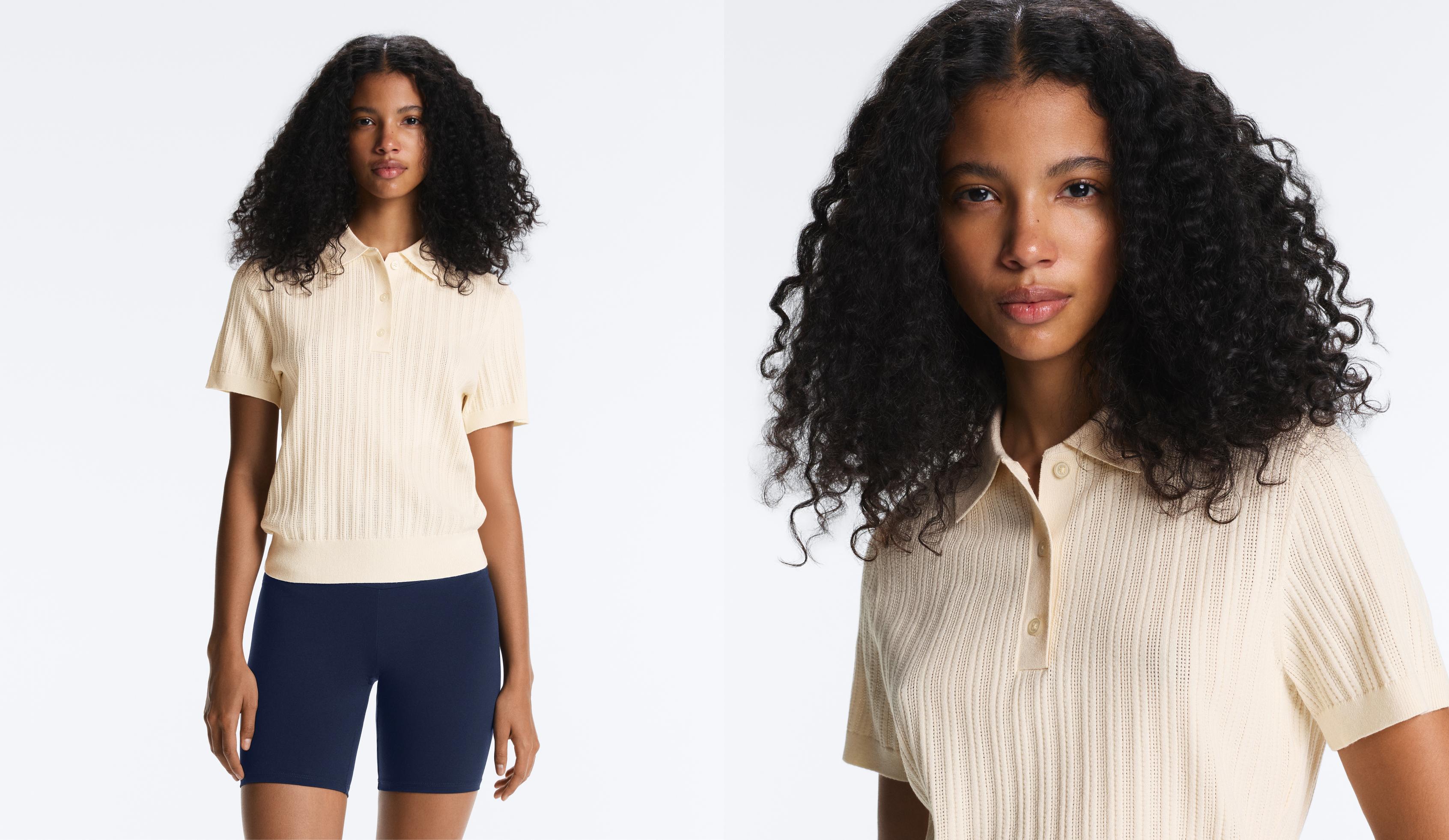Short sleeve open knit polo shirt — ECRU
