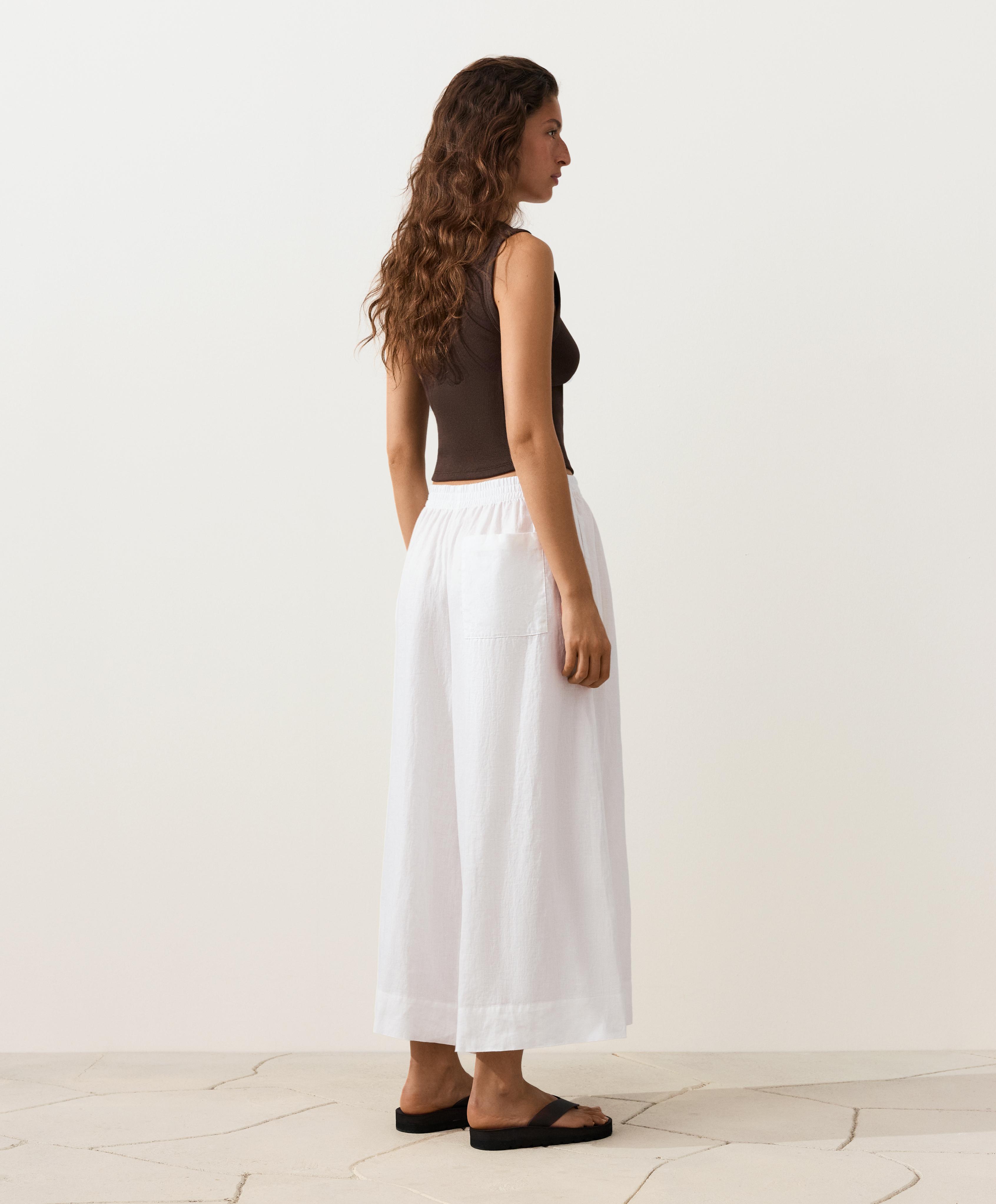 100% linen super wide-leg cropped trousers — WHITE