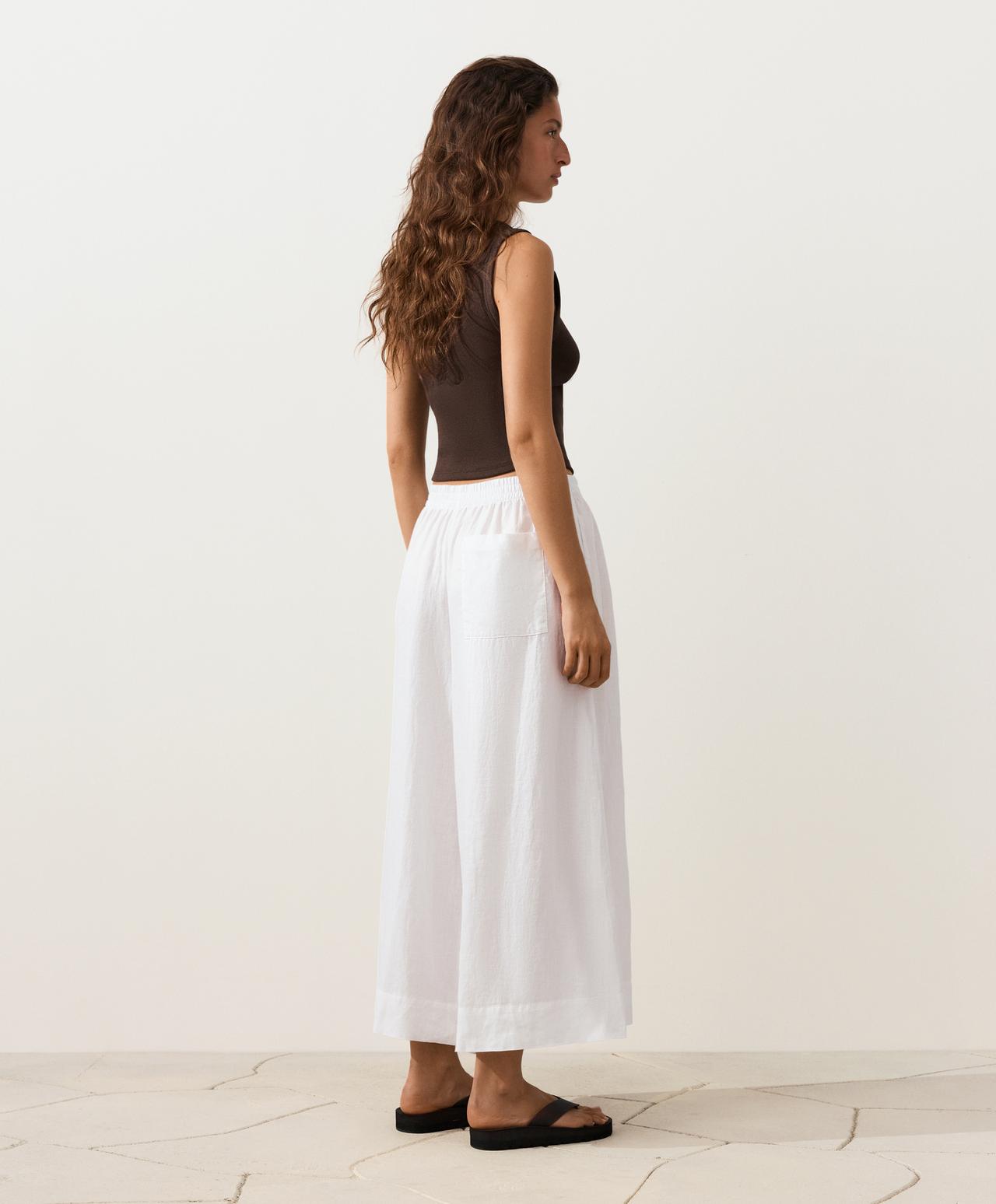 100% linen super wide-leg cropped trousers — WHITE