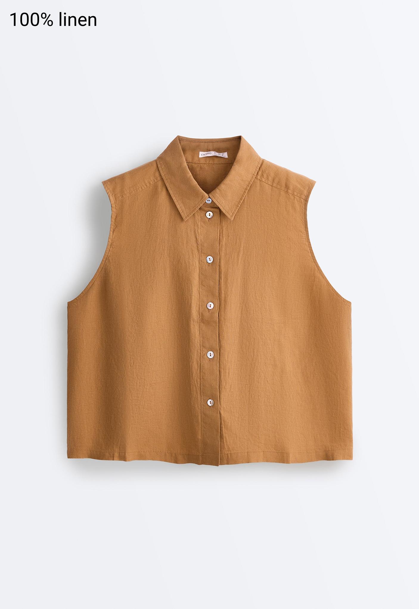 Sleeveless cropped 100% linen shirt — MUSTARD