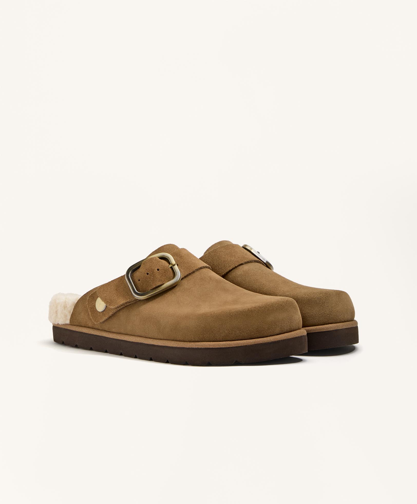 Замшеві сабо зі штучною овчиною та пряжкою