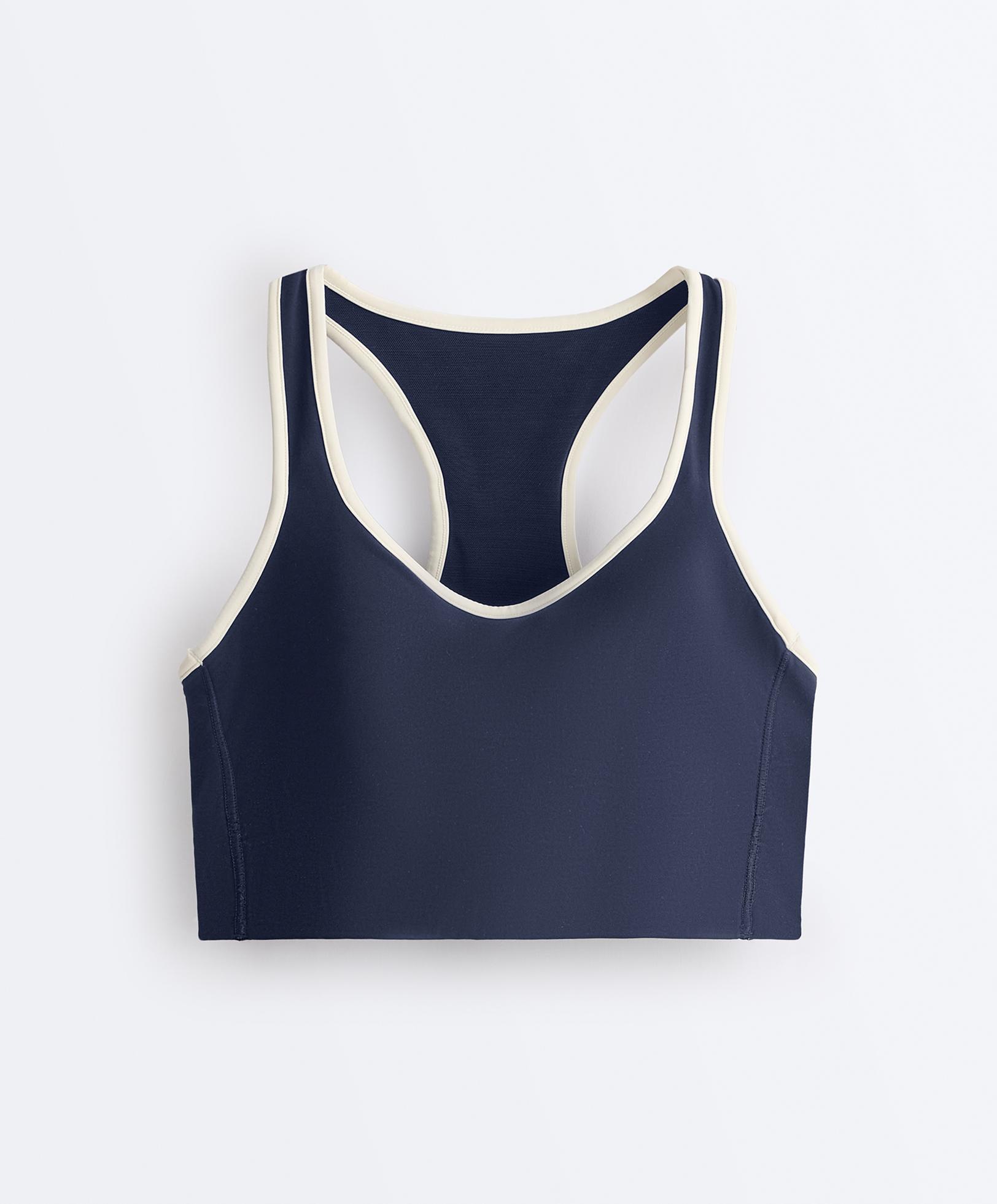 Compressive medium-support sports bra with cups and loop — NAVY BLUE
