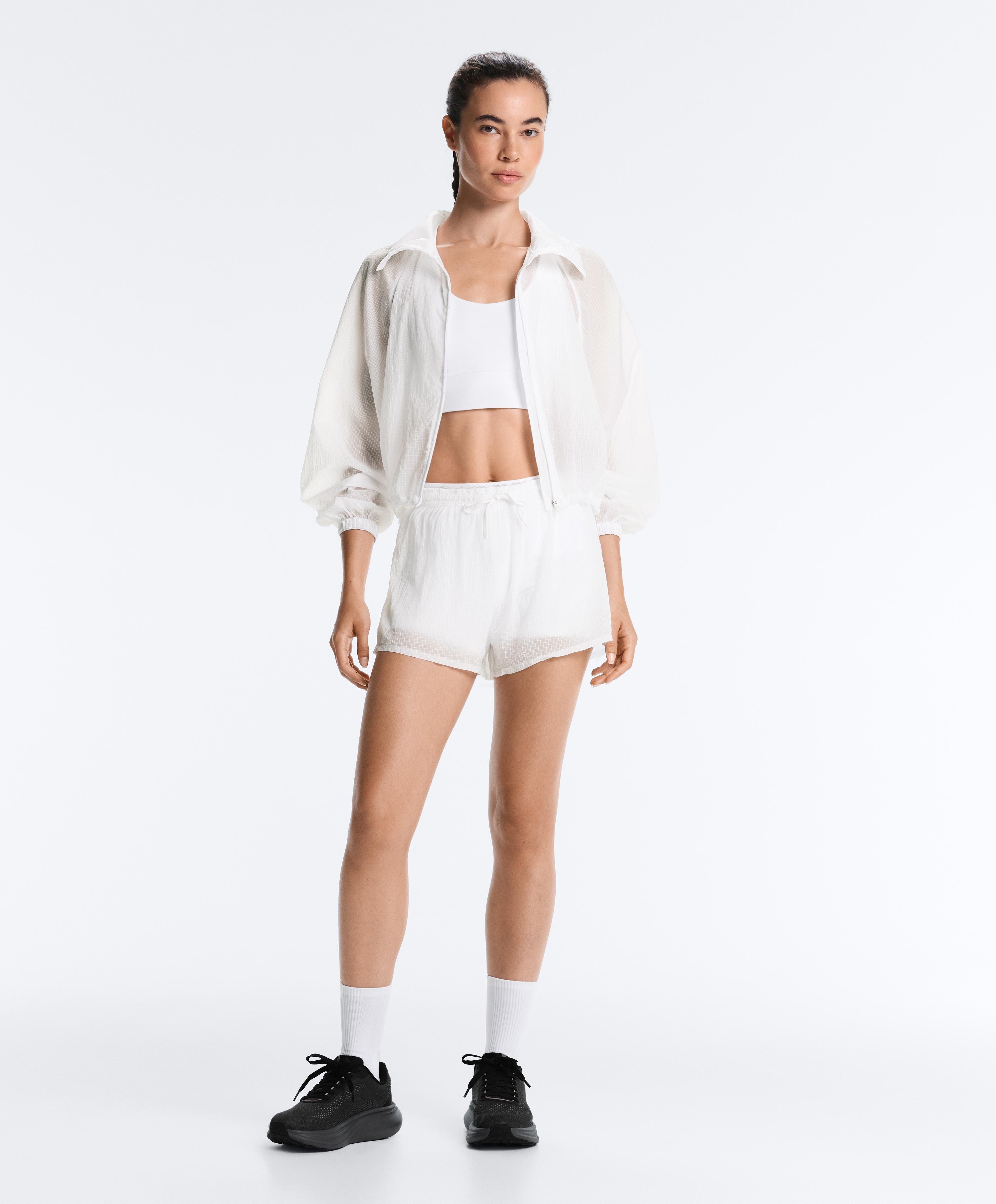 Technical 2-in-1 checked mid-rise shorts — WHITE