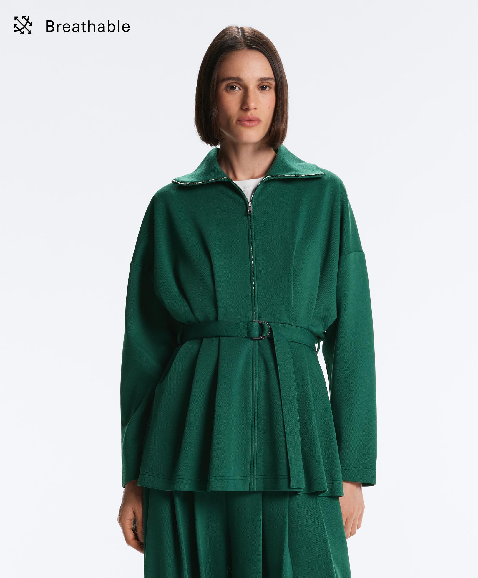 Long pique jacket with cotton pleat detail belt